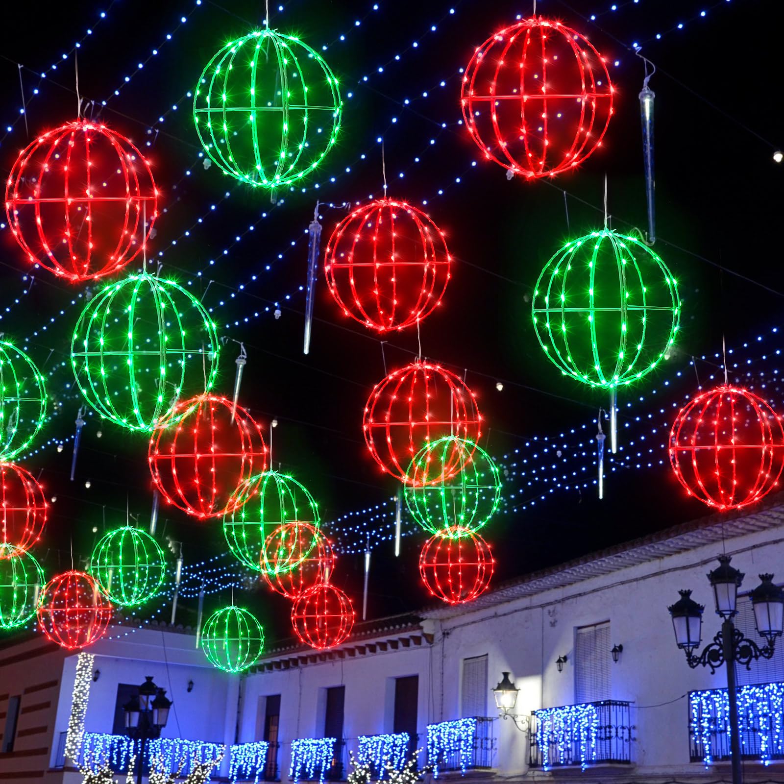 Leinuosen 4 Pack 7.87" Outdoor Christmas Balls Lights Hanging LED Globe Lighted Xmas Metal Frame Ball Ornament Multicolor Sphere for Holiday Garden Tree Patio Party Outdoor Indoor Decor (Red Green)