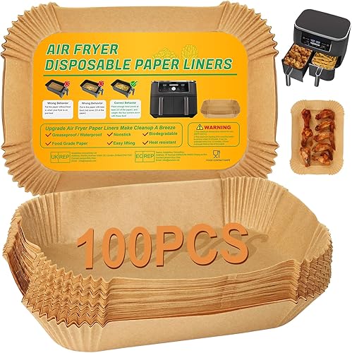 BYKITCHEN Forros de papel desechables para freidora de aire Ninja Dual Airfryer, 100 PCS hojas de papel pergamino rectangulares para freidora de