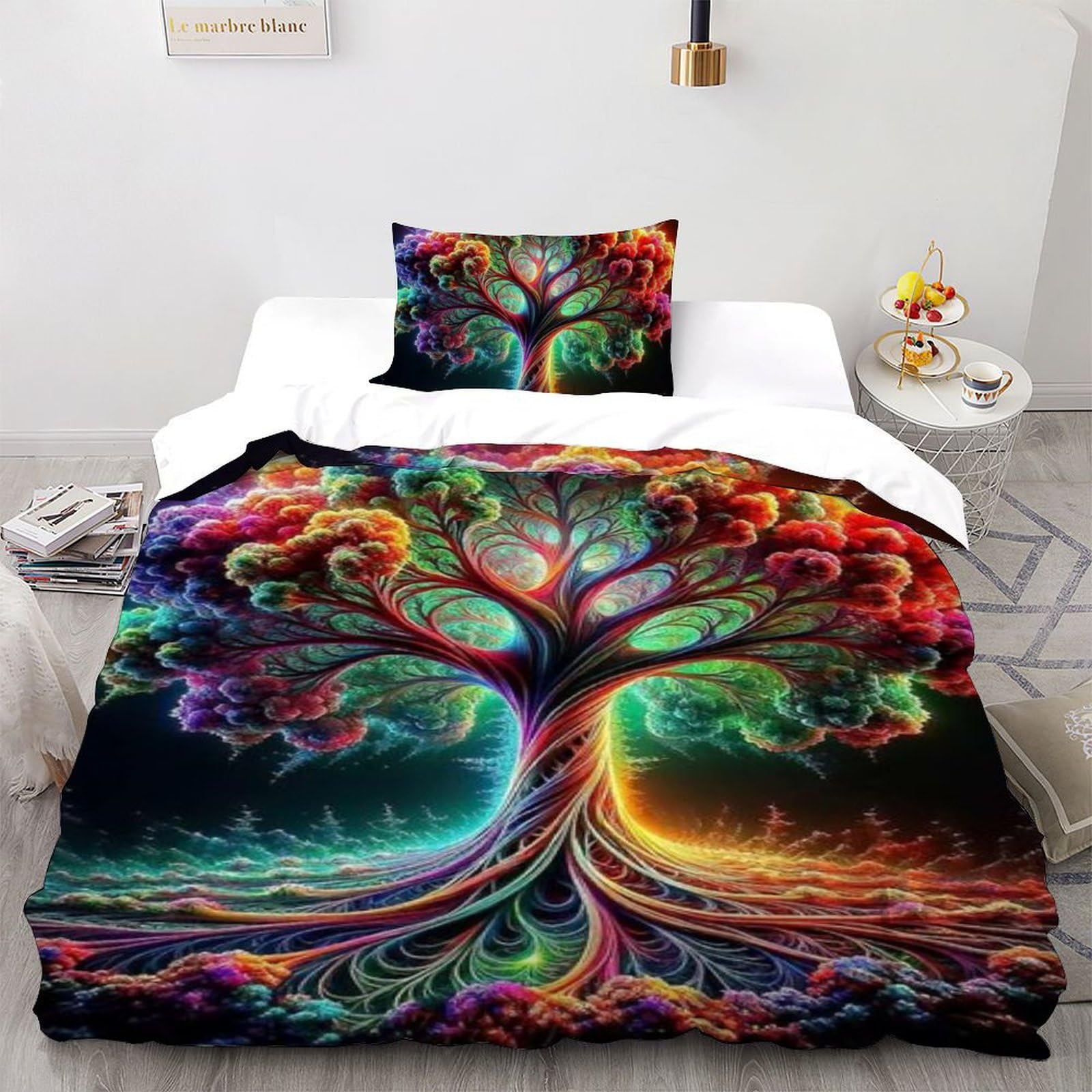 Literie microfibre arbres colorés pour parure de lit simple 135x200 avec taie d'oreiller enfant