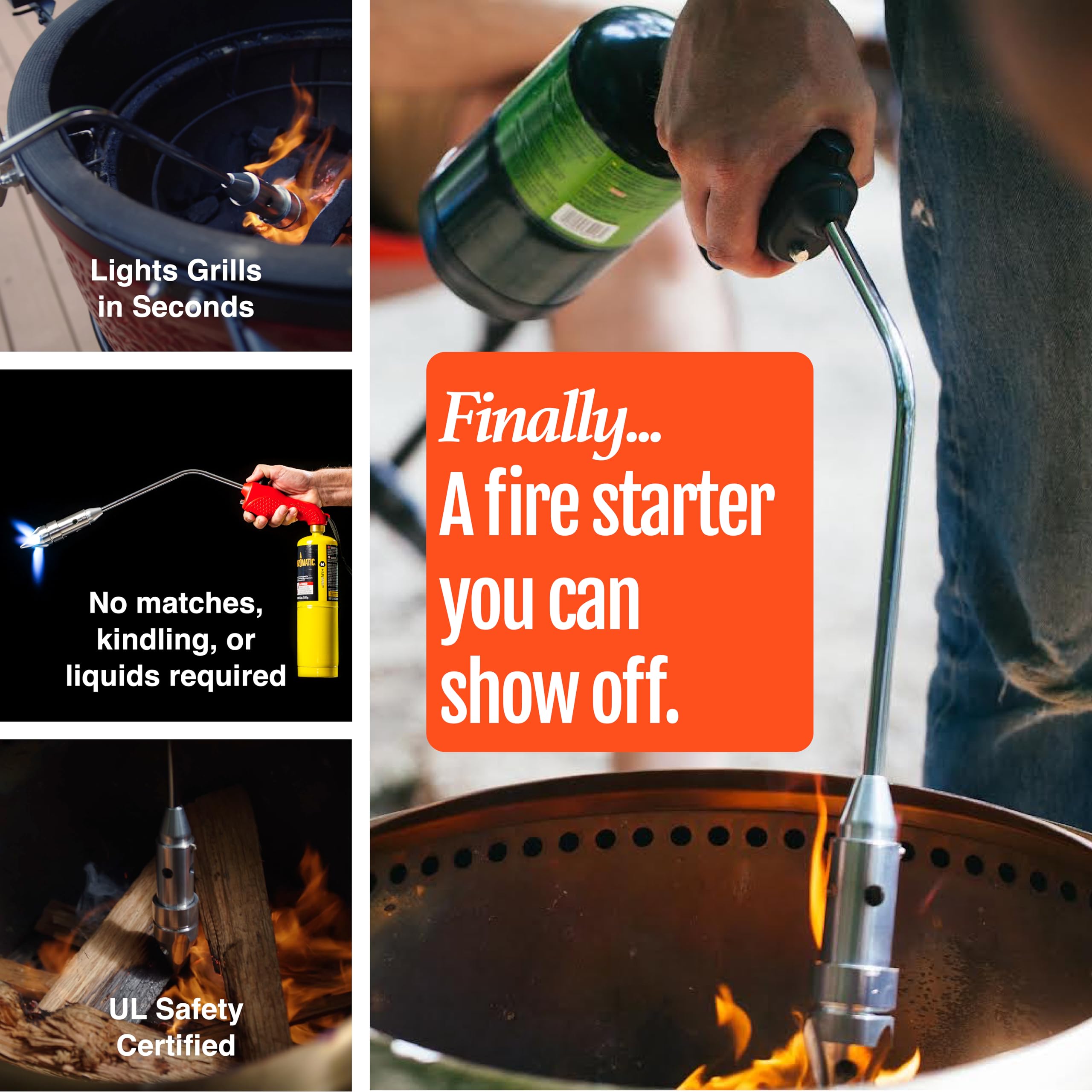 ROCKETFIRE Feuerstarter-Fackel, perfekter Propangas-Fackelkopf, Grillpistole, Kohlebrenner, kompatibel mit Bernzomatic Propan und MAP/PRO Kraftstoffen, dreiflammige Edelstahlspitze, Kraftstoff nicht