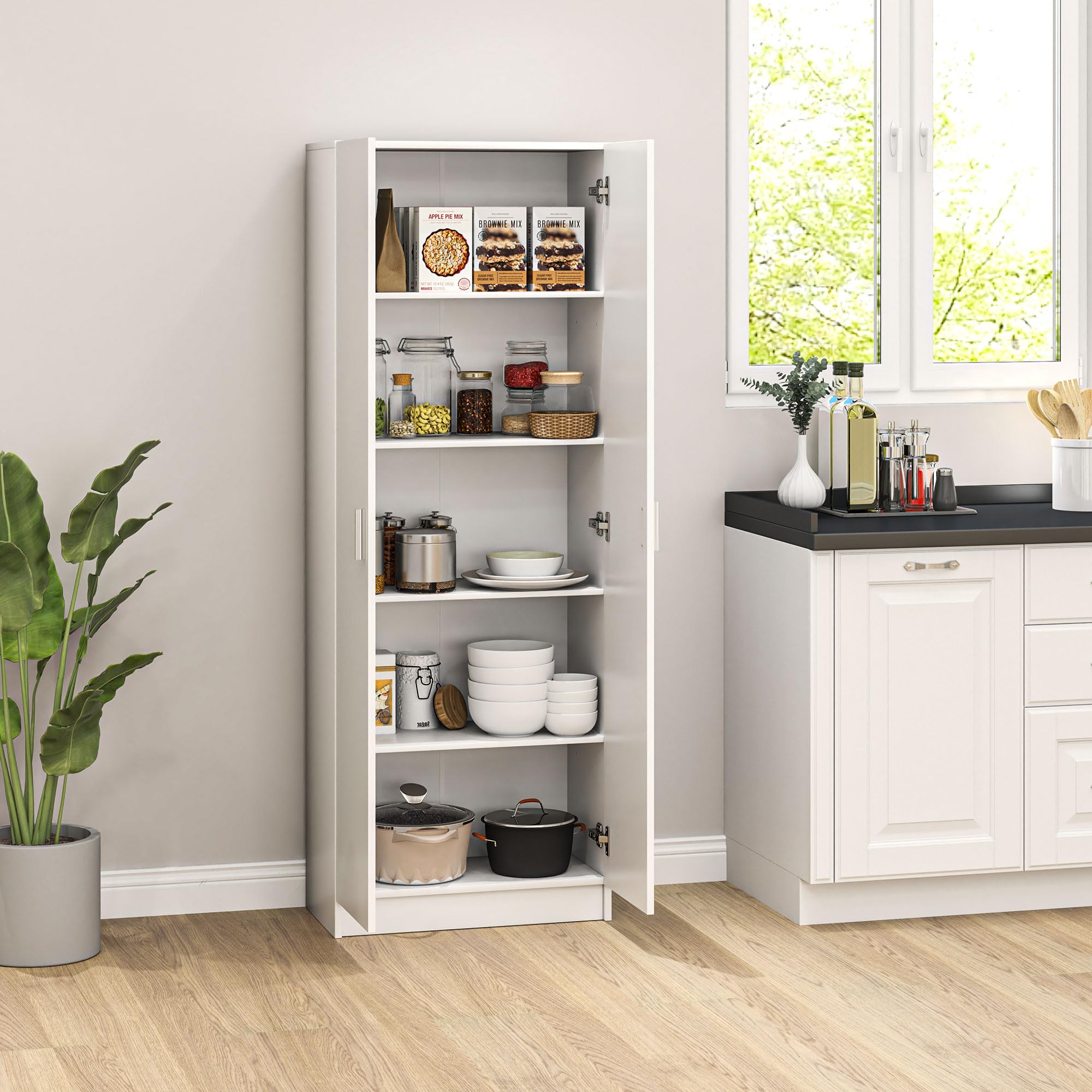 HOMCOM Armadio Multiuso con Ante Battenti, 5 Ripiani e 3 Livelli Regolabili, Mobiletto Multiuso Credenza in Legno Truciolato per Cucina, Scarpe, Ingresso, Camera da Letto Bagno, 60x31.5x165 cm, Bianco
