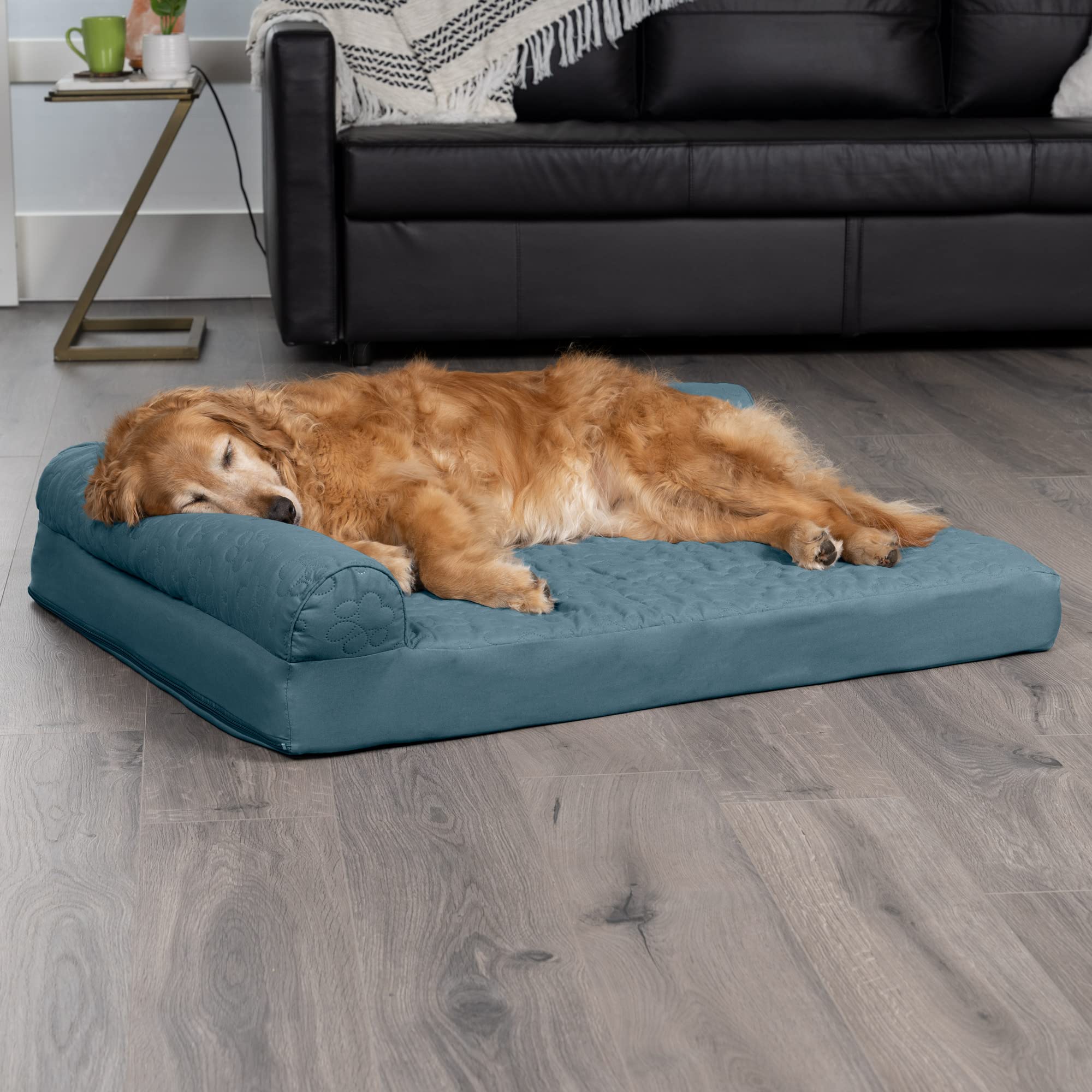 FurHaven Cama de Gel refrescante para Perros Grandes con Refuerzos extraíbles y Funda Lavable, para Perros de hasta 95 Libras, diván Acolchado Pinsonic en Forma de L, Piedra Azul, Jumbo/XL