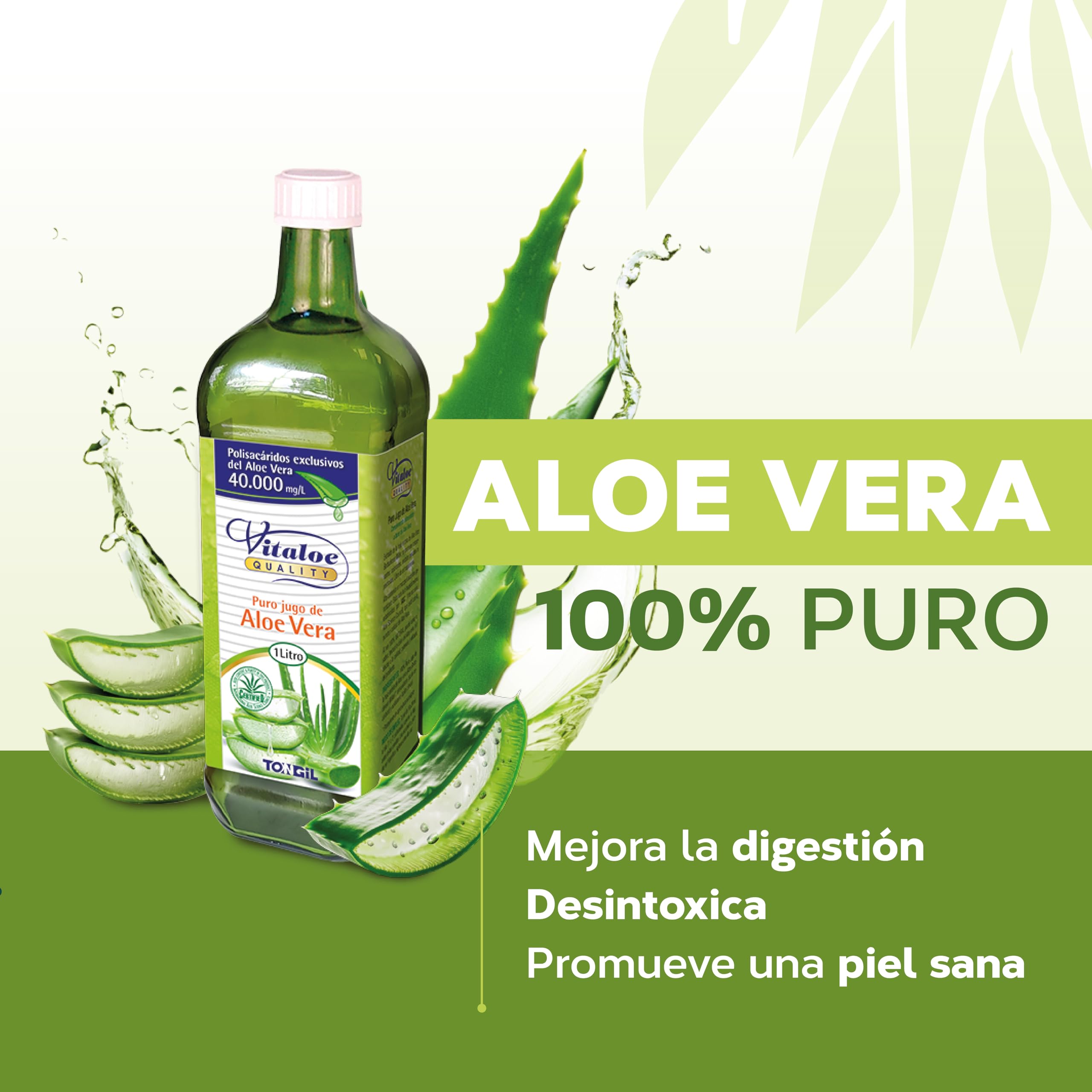Aloe Vera Puro para Beber 100% | Digestivo Natural y Detox | Jugo Sin Antraquinonas ni Aloína | Extraido en Frío, Sin Pasteurizar | Botella de Vidrio | 1 Litro | TONGIL