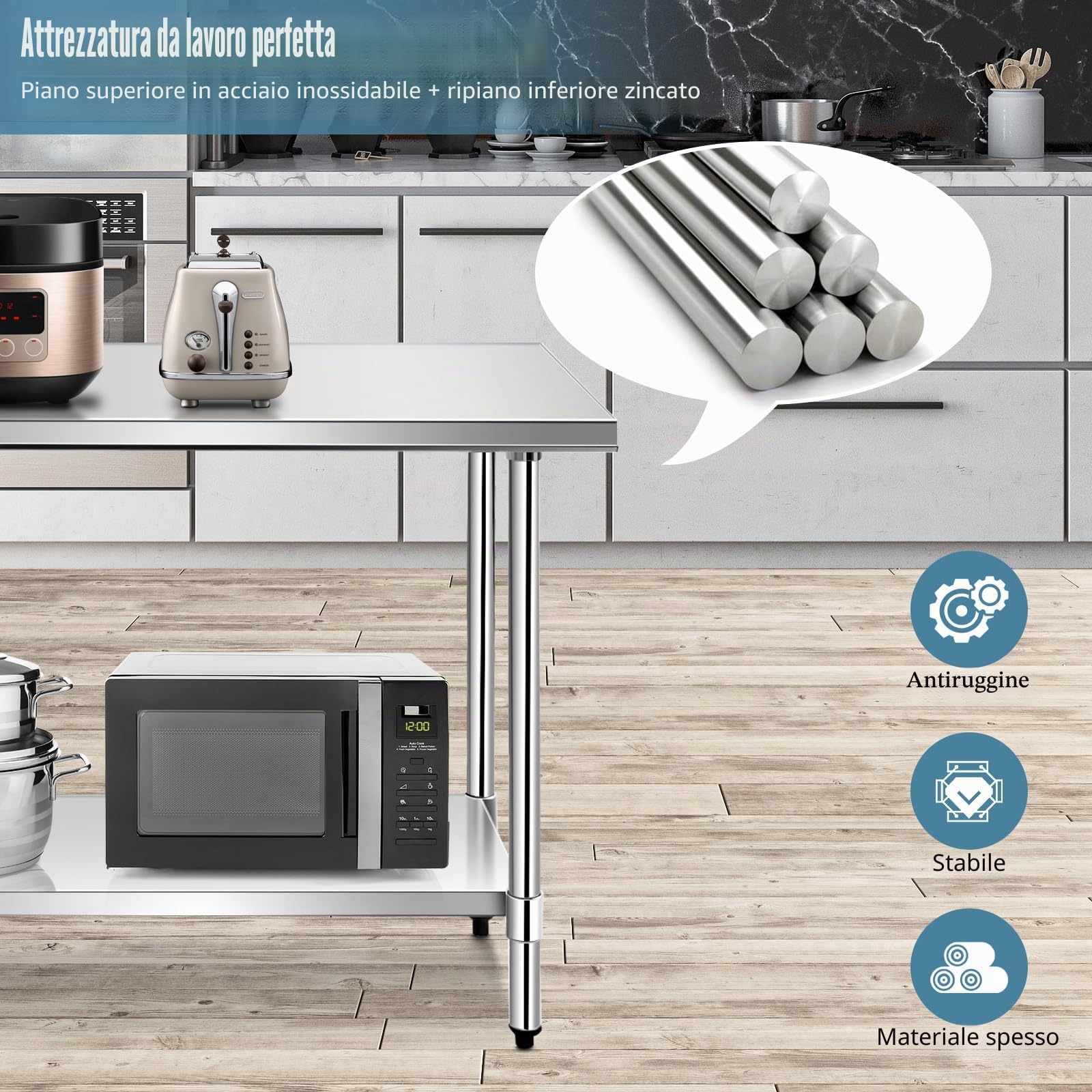 GIANTEX Tavolo da Lavoro in Acciaio Inox a 2 Livelli, Tavolo da Cucina Multifunzione con Ripiano Regolabile e Piedini Livellanti, per Preparazione Alimentare, 122x61x89 cm