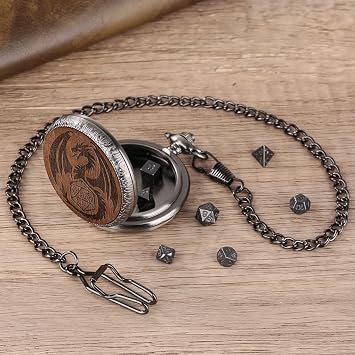 Keller & Weber Mini DND Zar Seti Ahşap Ejderha Oymalı Cep Saati Kabuk Kılıfı, 7 adet Çok Yüzlü Metal D&D Zar Seti, Hediye Kutusu ile Zindanlar ve Ejderhalar Hediyeleri, Rol Yapma Tahtası Oyun Aksesuarları, Gümüş