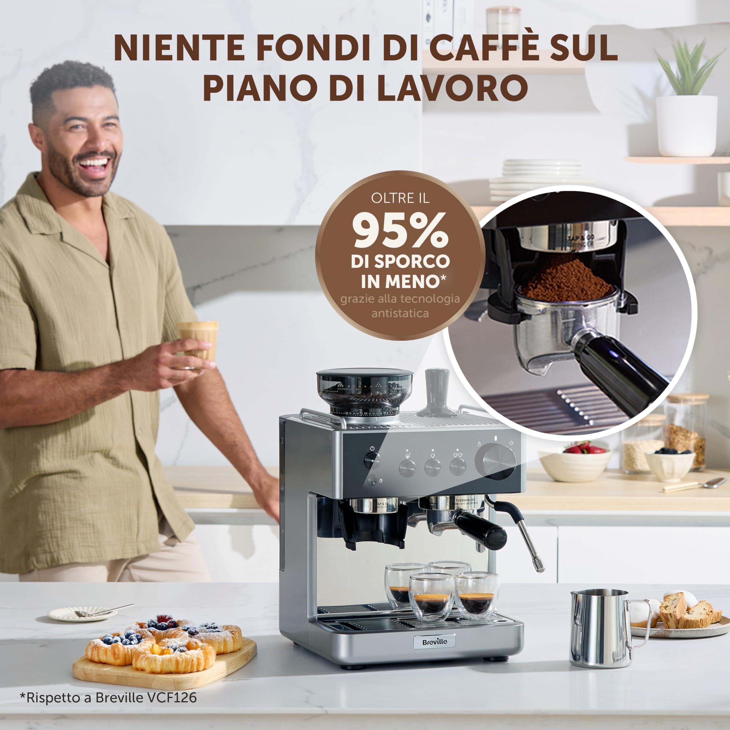 Breville Barista Classic Macchina per caffè espresso | Macchina da caffè con macinacaffè integrato e montalatte | Pompa italiana da 15 bar | Nero e argento [VCF186X]