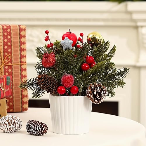 Miniatura 2 de Árbol de Navidad de mesa de 12 pulgadas con maceta de cerámica blanca, mini árbol de Navidad decoraciones navideñas con manzanas, piñas, bolas de
