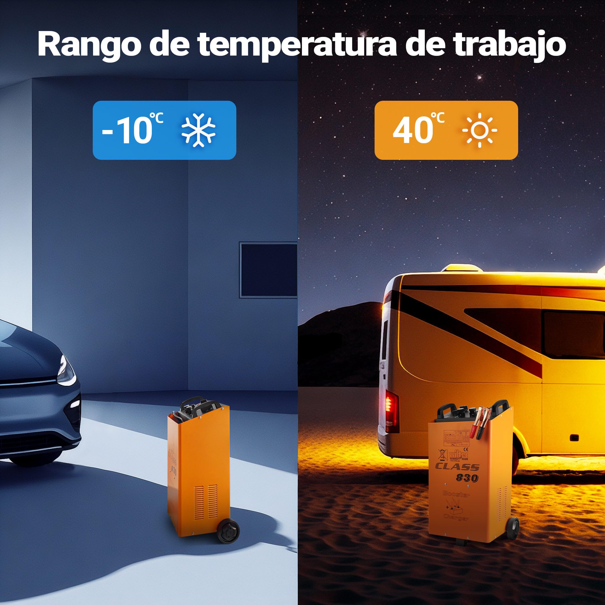 Wiltec Cargador de batería 12 V y 24 V, Cargador móvil con función de Arranque rápido para Coche, Moto y camión, Cargador de batería con Carga rápida