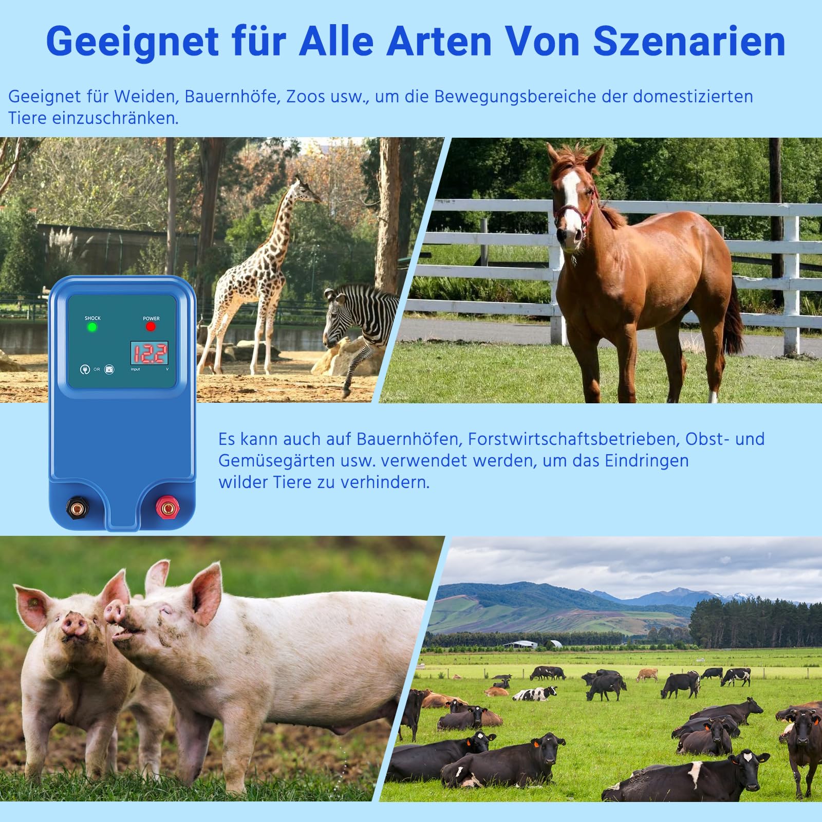 Valla eléctrica de 1,5 J, salida de 12 V, para 2 hasta 15 km, para perros, gatos, pollos, caballos, buey, oveja, cerdo, aves de corral