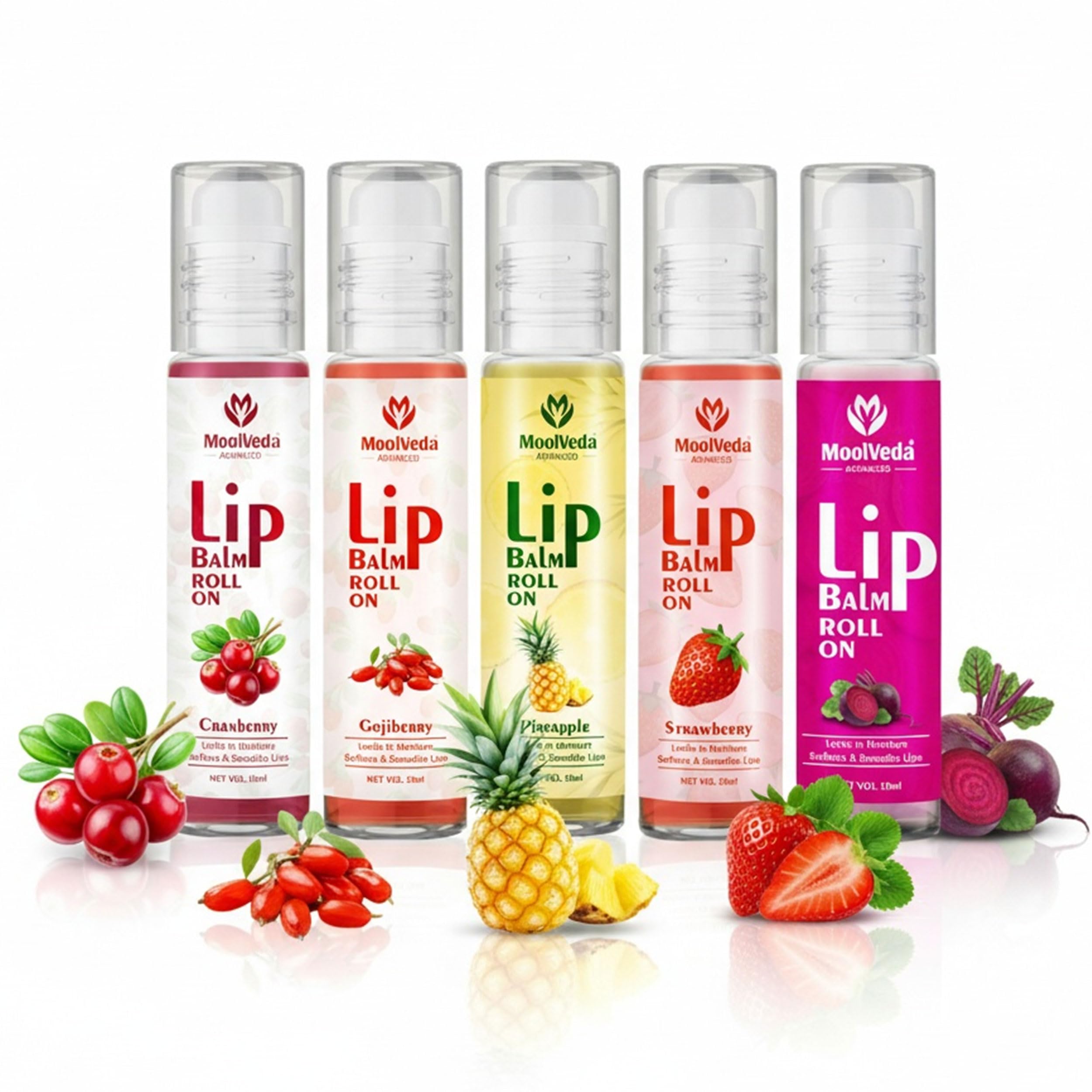 moolveda gojiberry, cranberry, strawberry, pineapple, beetroot lip balm roll on | pack of 5 combo | 100% edible ingredients & no chemicals | each of 10ml