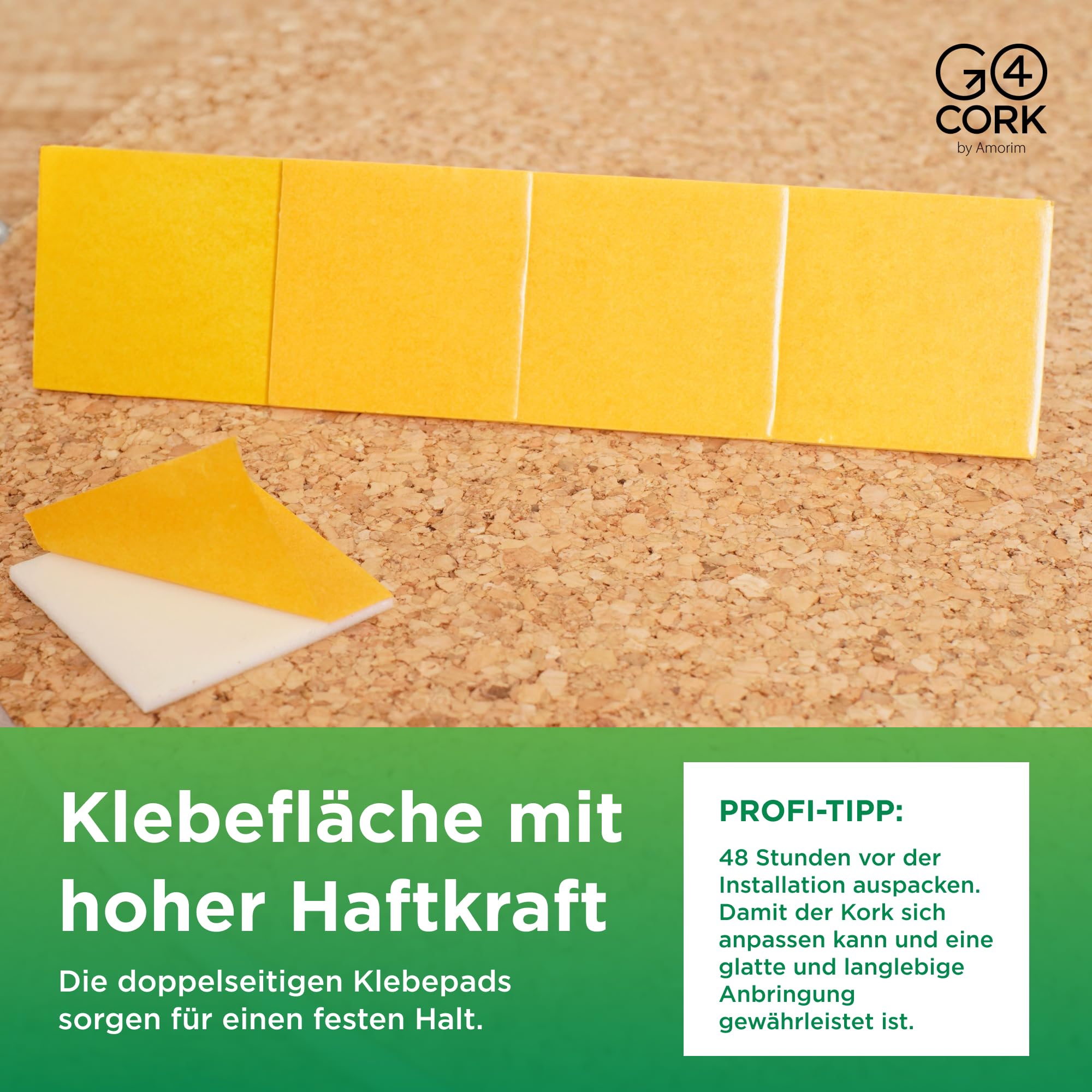 Go4Cork Quadratische Korkplatte 21,5 x 21,5 cm - 4er-Pack | Doppelseitige Premium Öko Korkfliesen | Vielseitig einsetzbar für Basteln, Zuhause, Ordnung im Büro | Rutschfest & leicht verwendbar