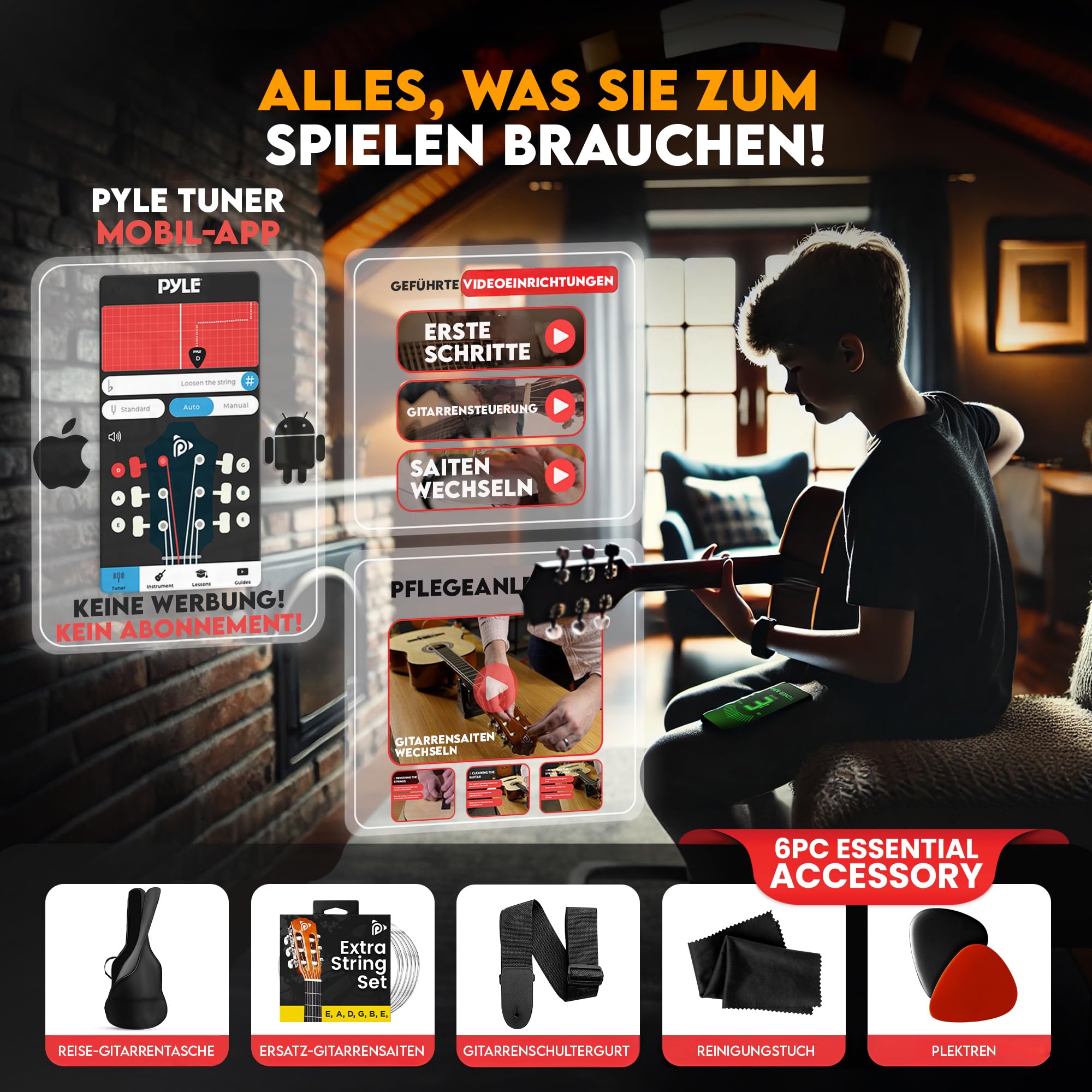 Pyle Konzertgitarre, ¾ Gitarre für Anfänger- 91cm aus Holz, Inkl. Stimmgerät, Gigbag, Gurt, Plektren & Extra Saiten, Kindergitarre für Einsteiger