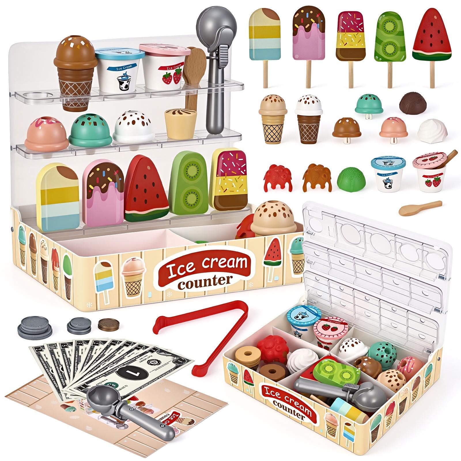 Wooden Ice Cream Toy Playset for Kids, 45 Pcs Foldable & Space-Saving Role Play Ice Cream Counter Shop Play Food Sets for Kitchen, Easy Storage Pretend Play Toy Gift for Boys & Girls Age 3+