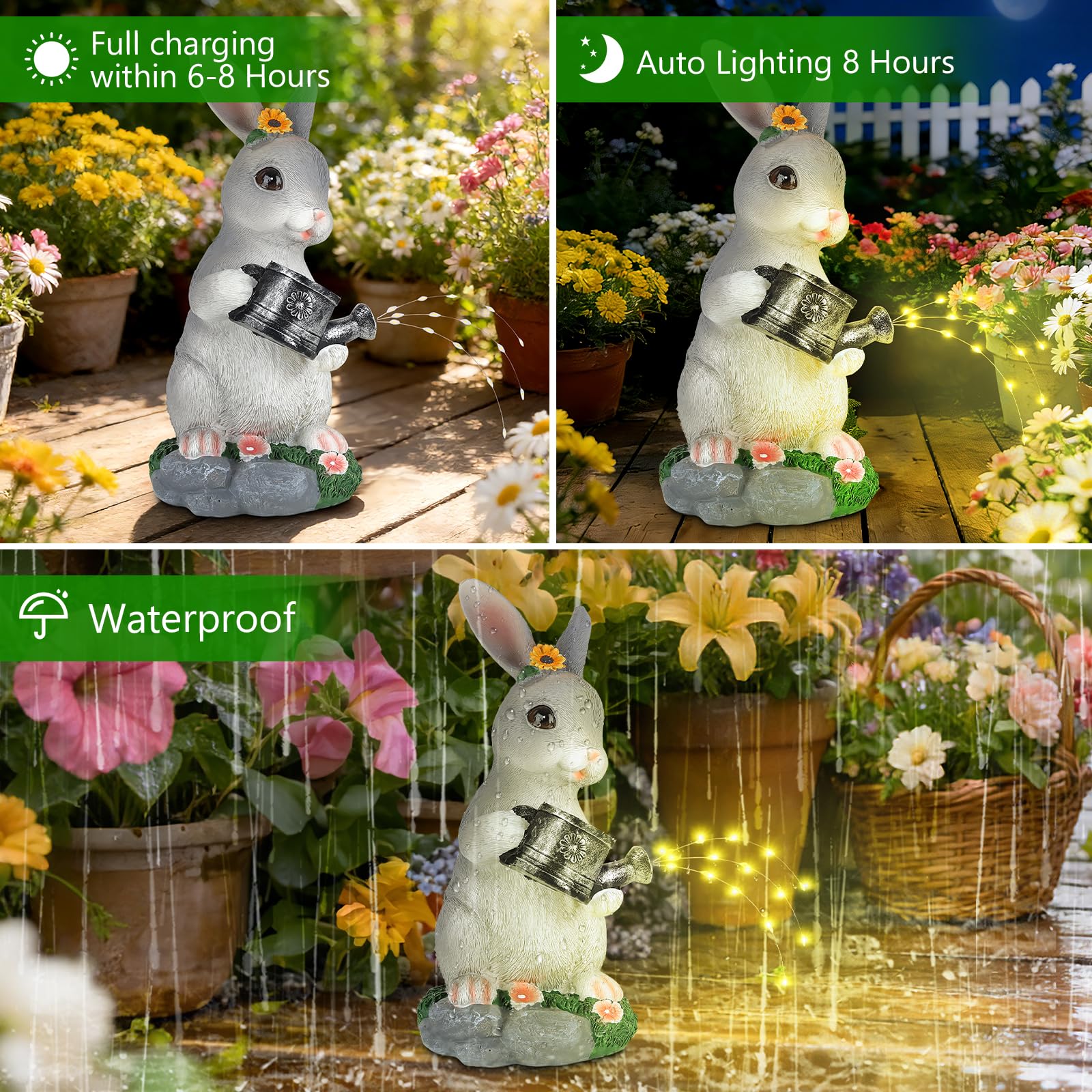 Cuteefun Decorazione Solare da Giardino Coniglio per Esterno, Decorazione Animale da Giardino con Luce Solare, Statua di Coniglio che Trasporta un Annaffiatoio, Regali per la Casa e per L'arredamento