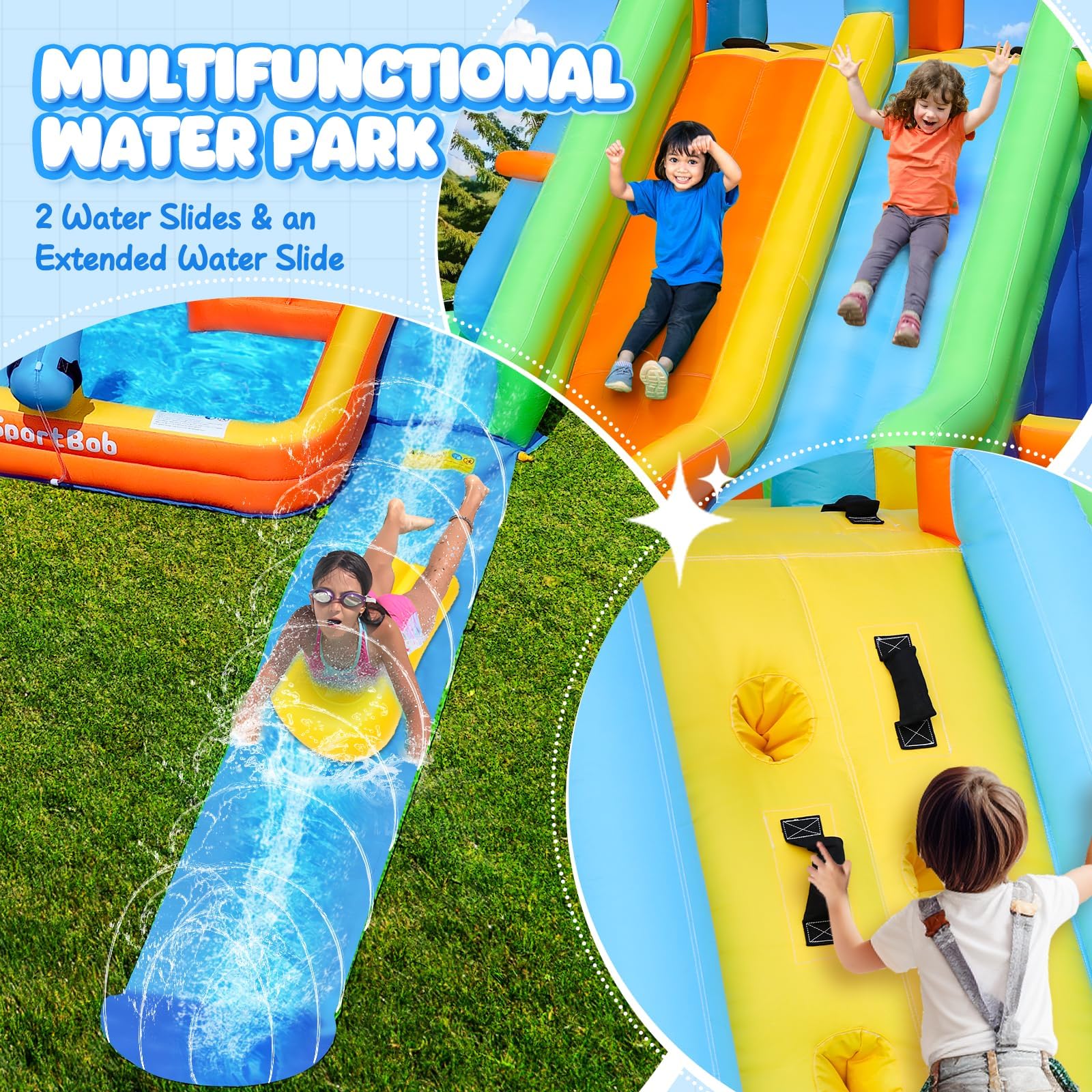 Hüpfburg Kinder mit Wasserrutsche und Gebläse, Hüpfburg mit Verlängerter Spritzender Wasserrutsche, Wasserpark Kinder mit 2 Wasserbecken und Wasserkanone für Indoor, Outdoor