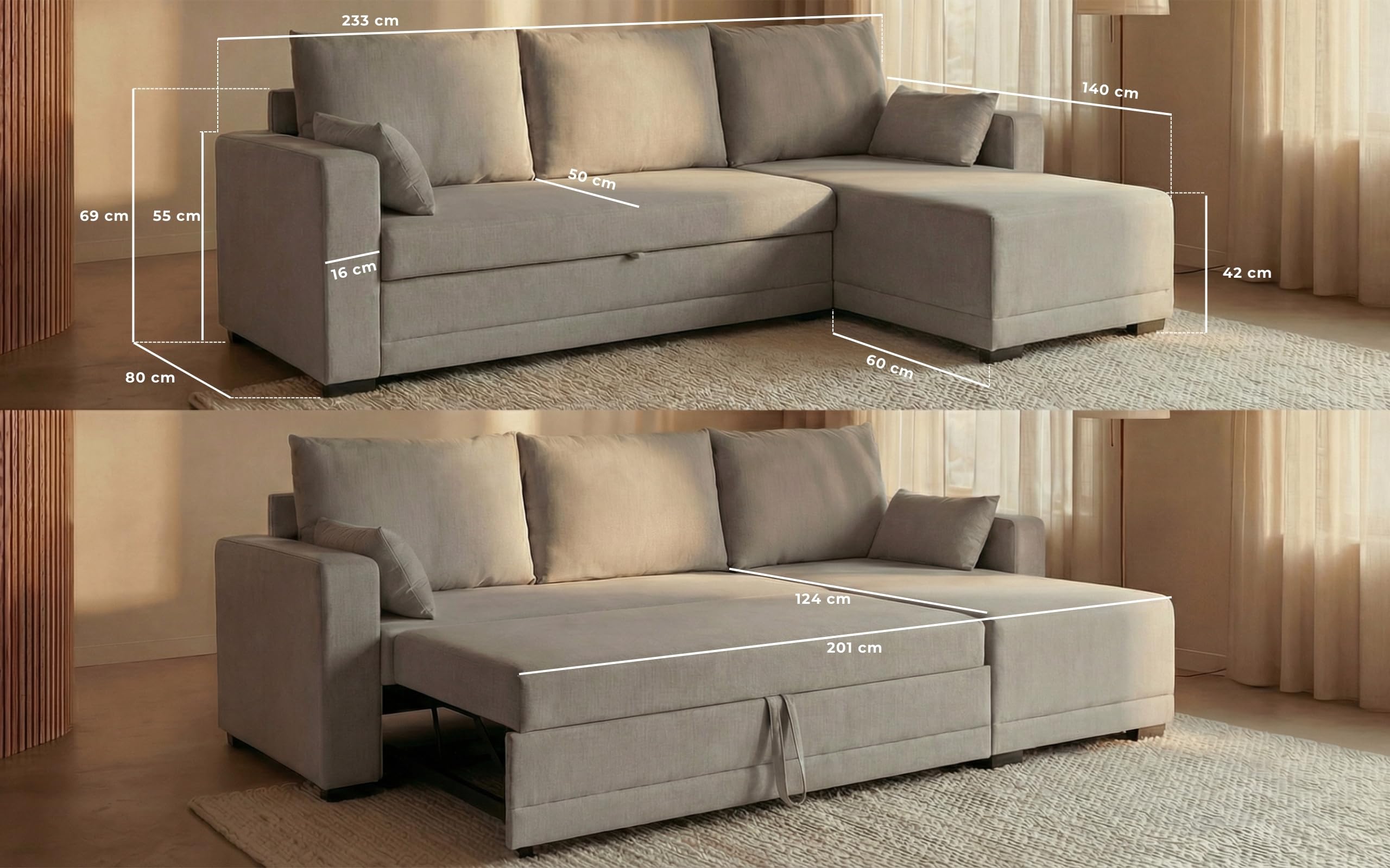 BUDWING Leah Sofá Cama Esquinero 3 Plazas - Chaise Longue Reversible y 2 Cojines Decorativos – Tapizado en Poliéster – Estilo Moderno – 233x124x69 cm – Gris Claro