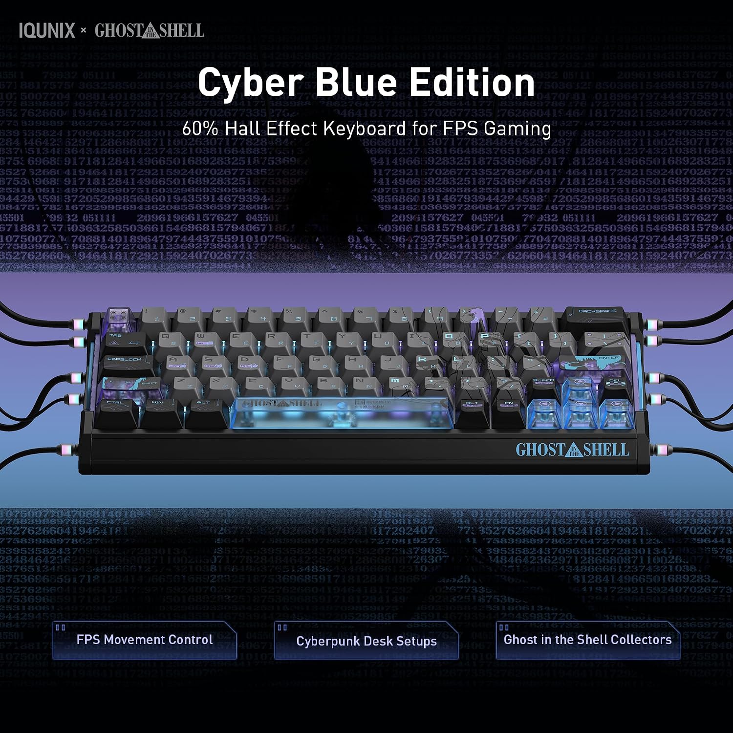 IQUNIX EV63 Ghost in the Shell Gaming Keyboard, Cyber Blue | 60% Wired Hall Effect Keyboard, 0.01mm RT, CNC Aluminum Case, FPS Control, Character-Art Keycaps for Collectors