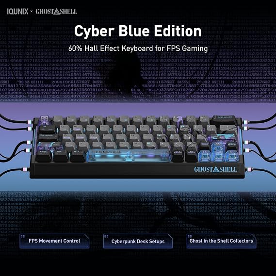 IQUNIX EV63 Ghost in the Shell Gaming Keyboard, Cyber Blue | 60% Wired Hall Effect Keyboard, 0.01mm RT, CNC Aluminum Case, FPS Control, Character-Art Keycaps for Collectors