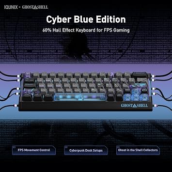 IQUNIX EV63 Ghost in the Shell Gaming Keyboard, Cyber Blue | 60% Wired Hall Effect Keyboard, 0.01mm RT, CNC Aluminum Case, FPS Control, Character-Art Keycaps for Collectors