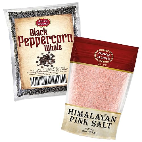 Spicy World Granos de pimienta negra entera de 16 onzas + sal rosa del Himalaya fina 1.75 libras (28 onzas) disponible en Yaxa Mexico