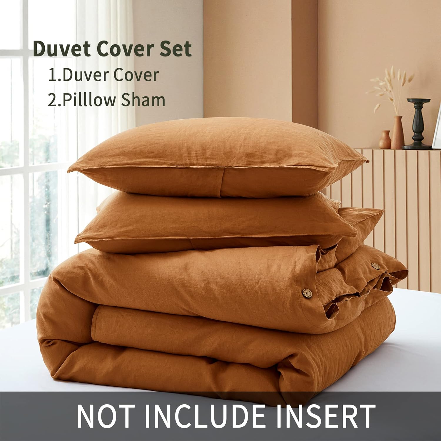 ATLINIA 100% Flax Linen Duvet Cover Set - Stone Washed Pure French Linen Organic Fabric for Farmhouse Comforter Boho Bedding Included 1 Duvet Cover 2 Pillow Shams(Rust, King)