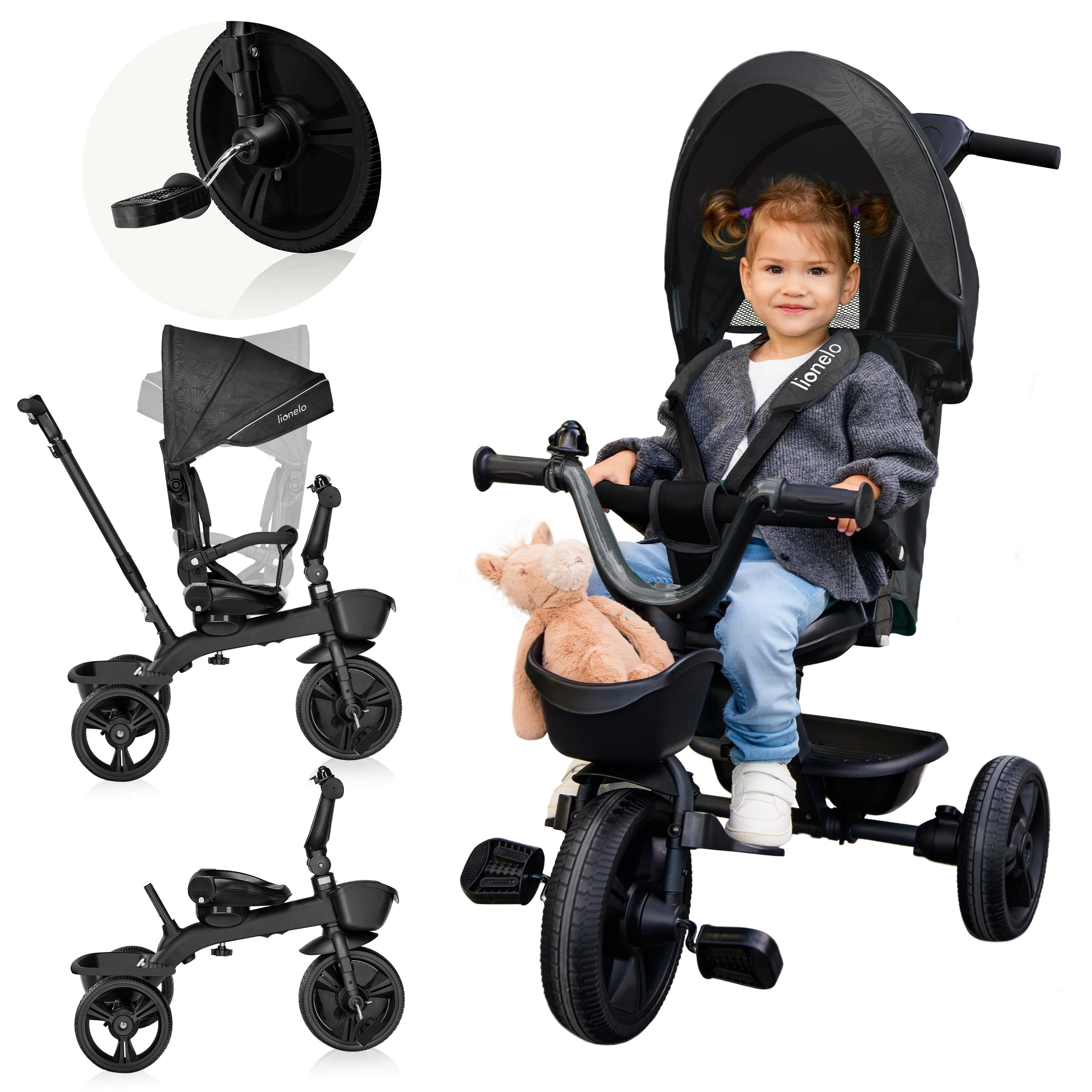 LIONELO Kori Bicicleta 2 en 1 Niño hasta 25 kg 1,5-5 años Triciclo y Bicicleta de Paseo Cinturones de 3 Puntos con Fundas Cubierta de llanta Pesa Solo 9 kg 2 cestas para Juguetes Gris