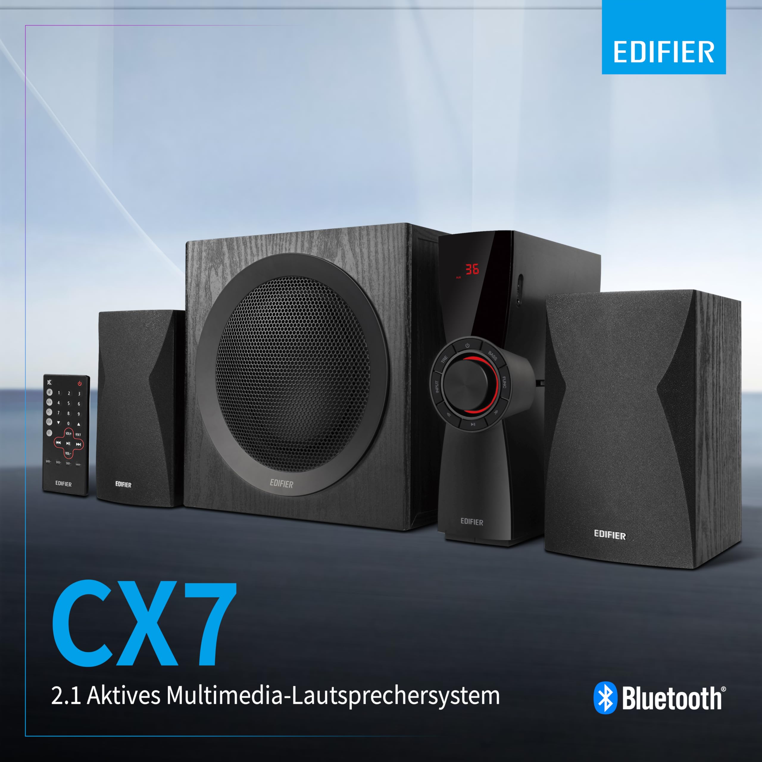 Edifier CX7 Aktives 2.1 Home-Entertainment-System mit Bluetooth V5.0, 21cm (8 Zoll) Subwoofer und Infrarot-Fernbedienung: Perfekt für TV, PC, Notebook etc., Schwarz