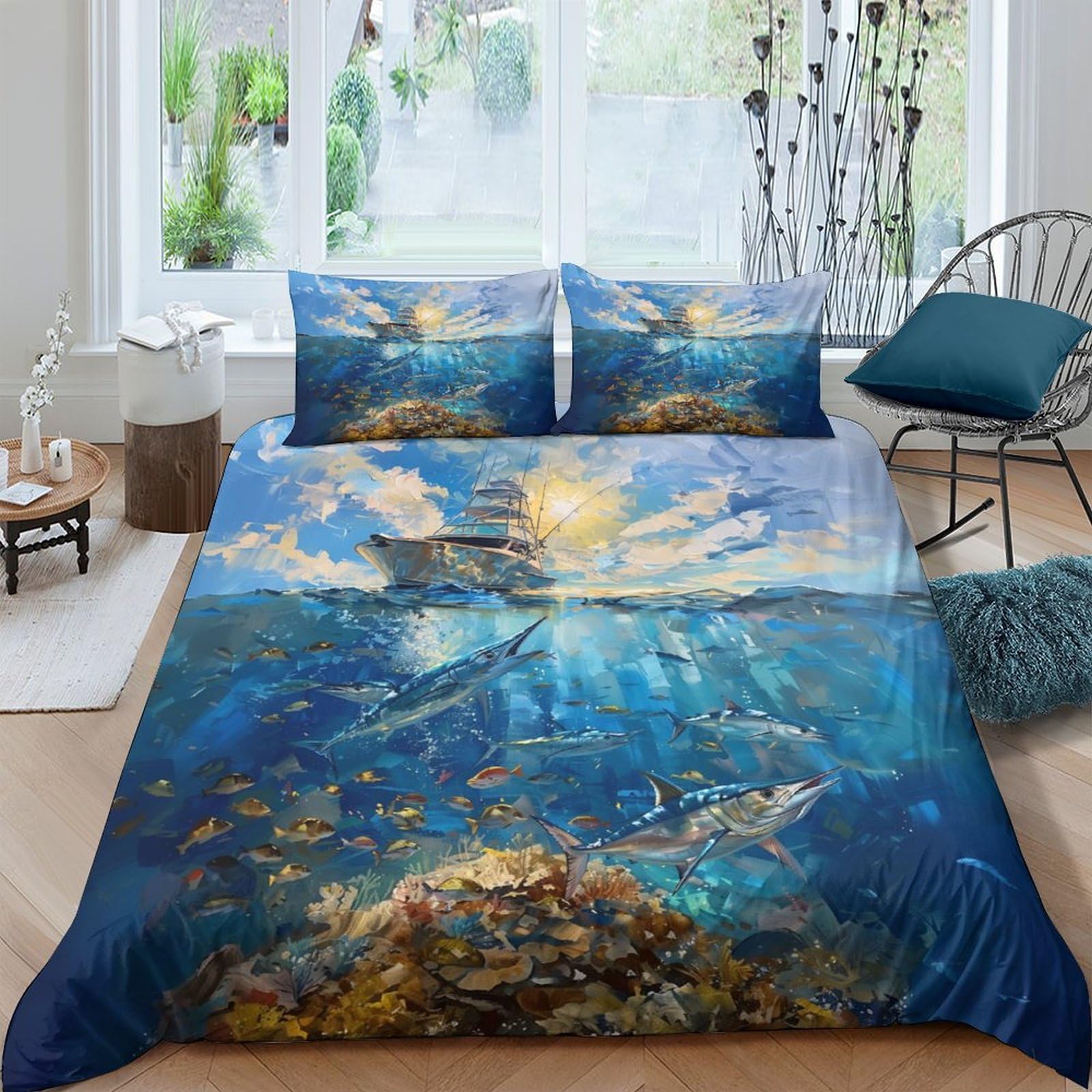 Ctjqhvkz Style-10 3D Printed Ocean Sunrise Fitted Sheet Microfiber Soft Breathable Underwater Scene Bed Cover For Bedroom Home Decor Single（135X200cm）