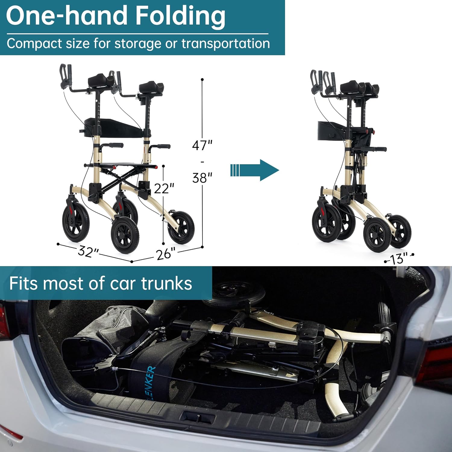 ELENKER All-Terrain Upright Rollator Walker, Stand up Rolling Walker with Seat, 12” Non-Pneumatic Tire Wheels, Compact Folding Design for Seniors, Champagne - Image 6