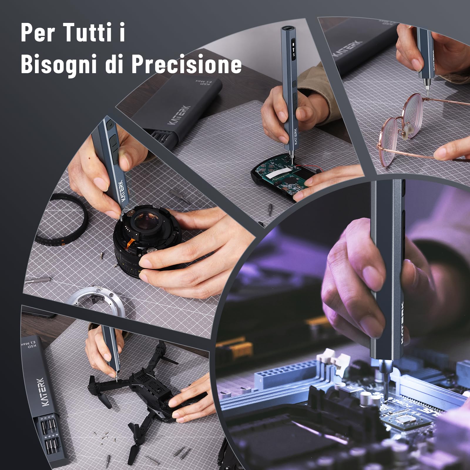 Katerk Mini Cacciavite Elettrico, Set di Cacciaviti di Precisione per Occhiali con 64 Punte di Precisione Magnetiche S2, Coppia a 5 Marce, LED, Senza Fili, per Telefono Fotocamera Portatile