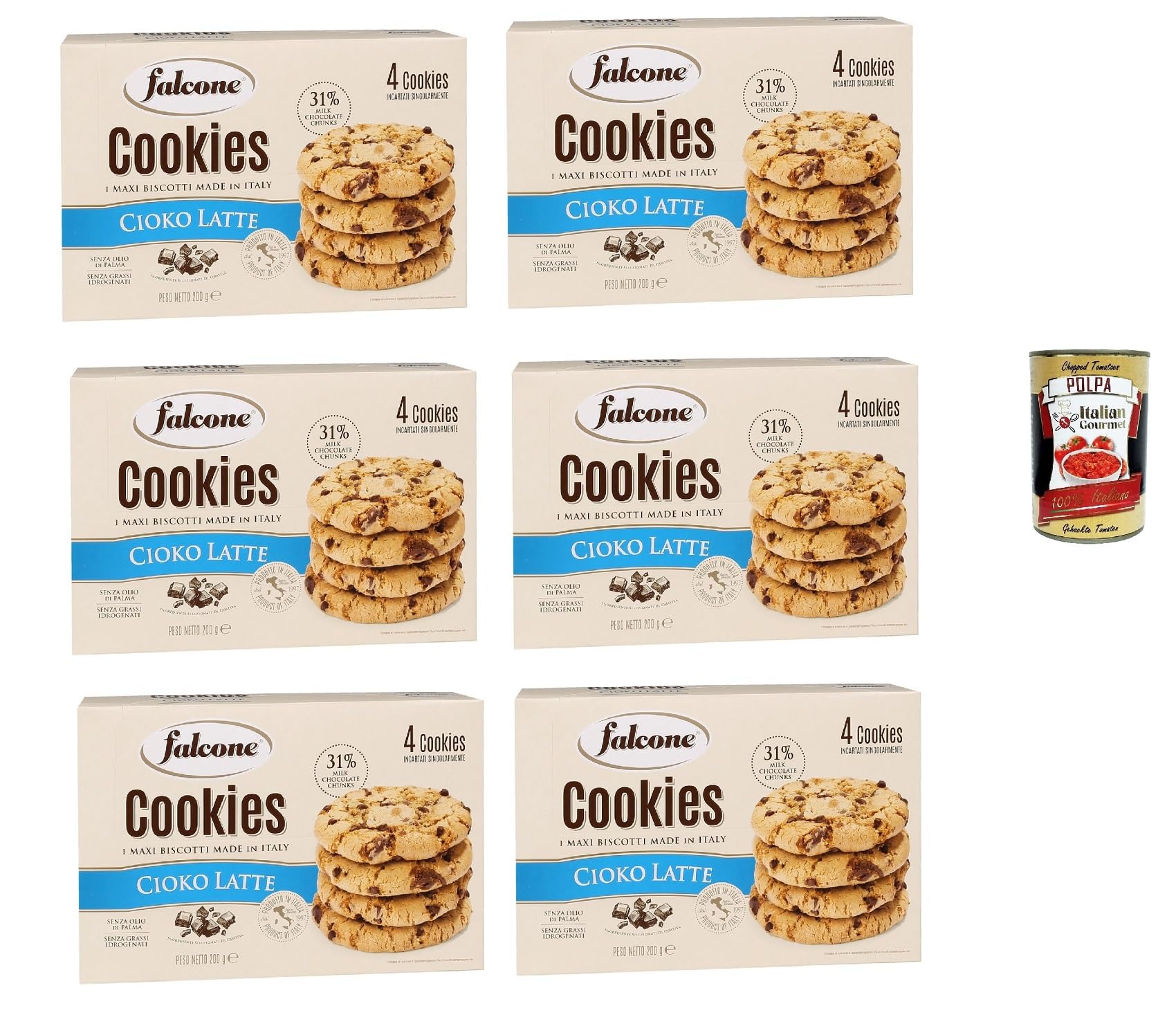 FALCONE Cookies Cioko Latte, Kekse mit Milchschokoladenstückchen 6x 200g + Italian Gourmet polpa 400g