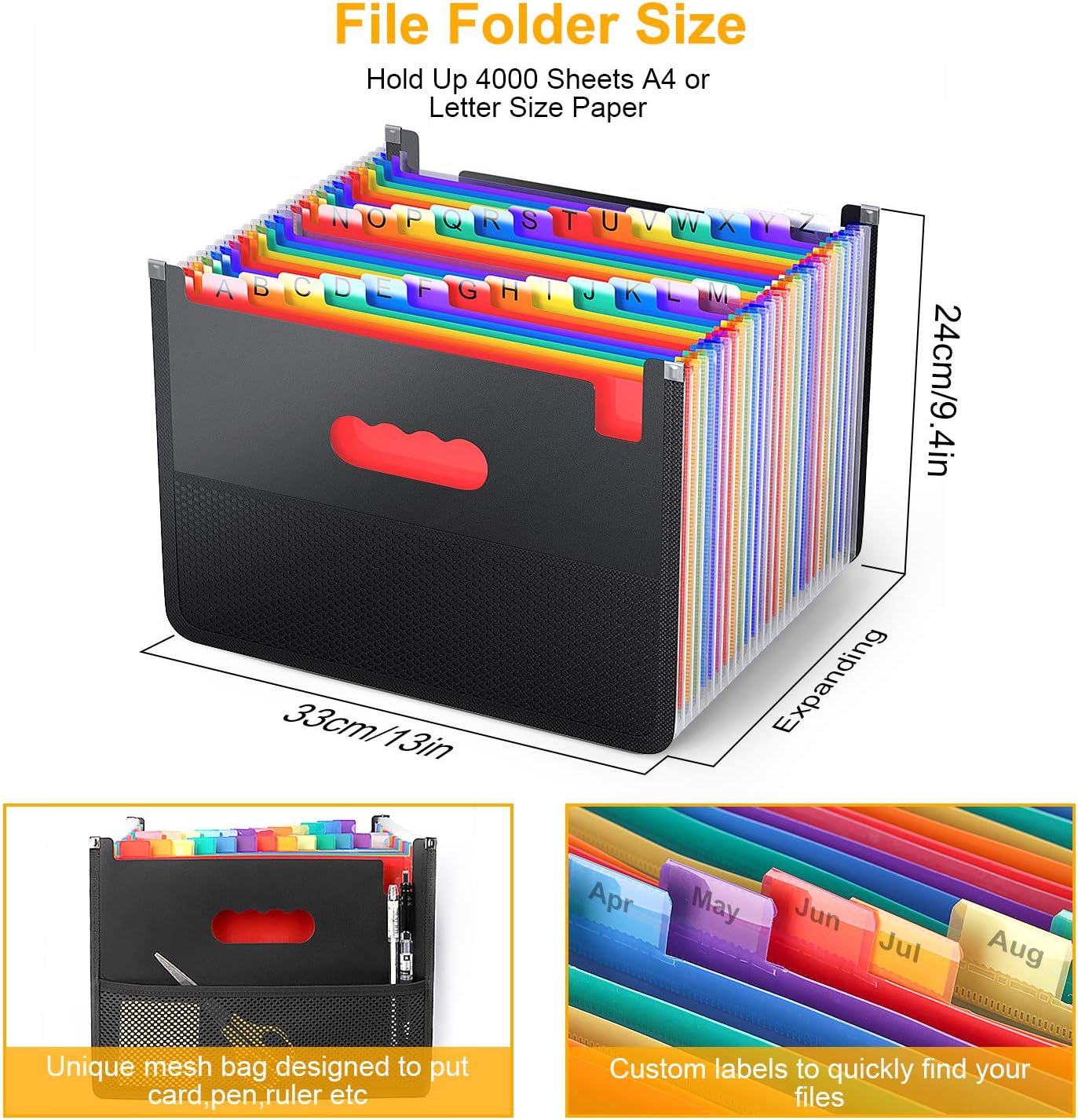 26 Pockets Accordian File Organizer,Expanding Filing Box with Mesh Bag,Expandable A4/Letter Size Folder, Accordion Document Organizer,Portable Paper/Bill/Receipt Folders with 3 A-Z Alphabet Blank Tabs : Office Products