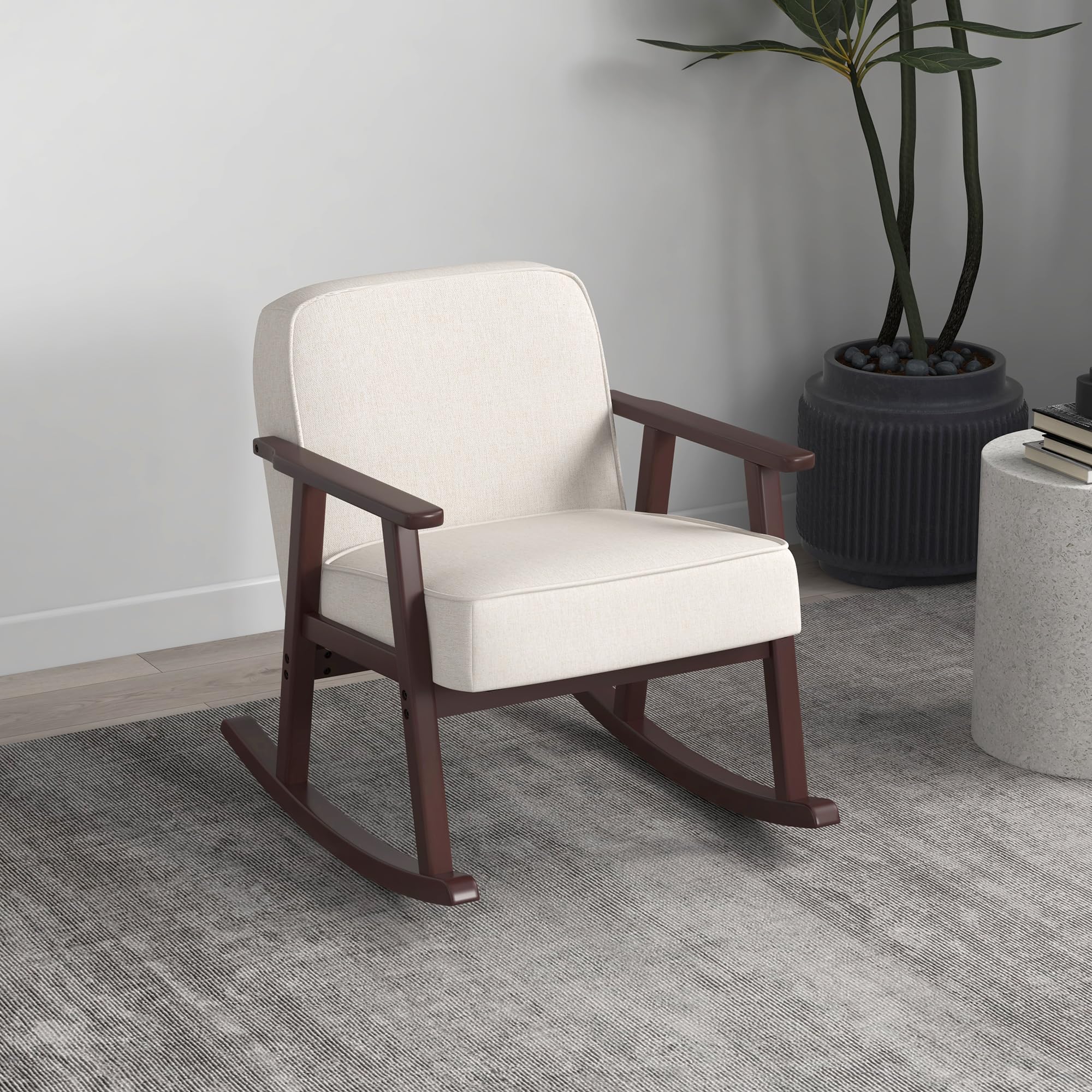 HOMCOM Poltrona a Dondolo per Interni in Tessuto Effetto Lino e Legno con Braccioli e Cuscini, 66x78x76 cm, Beige e Marrone