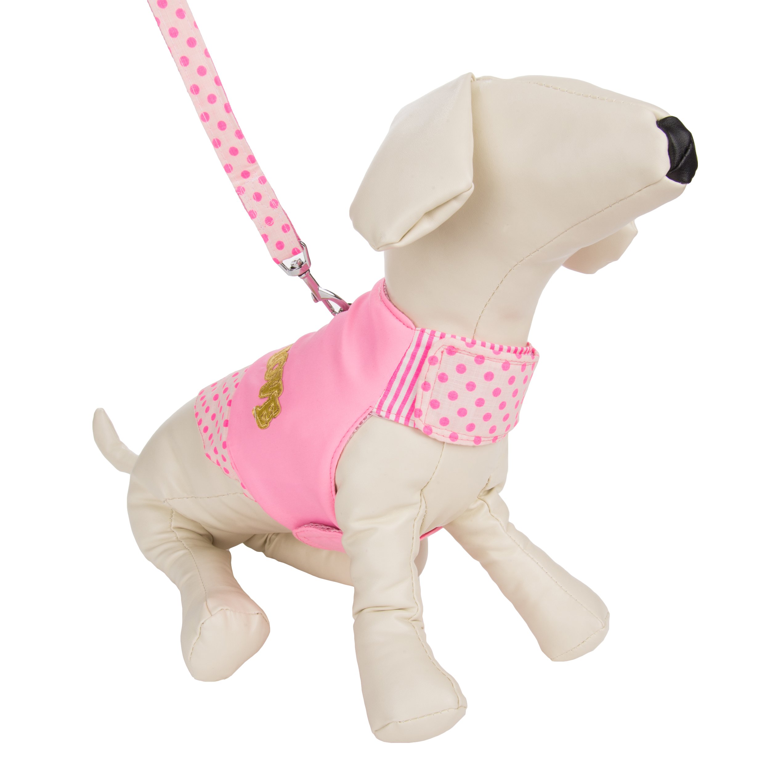 CueCue Pet Pink Love Polka Dot Choke Free Harness with Leash, Small, Pink