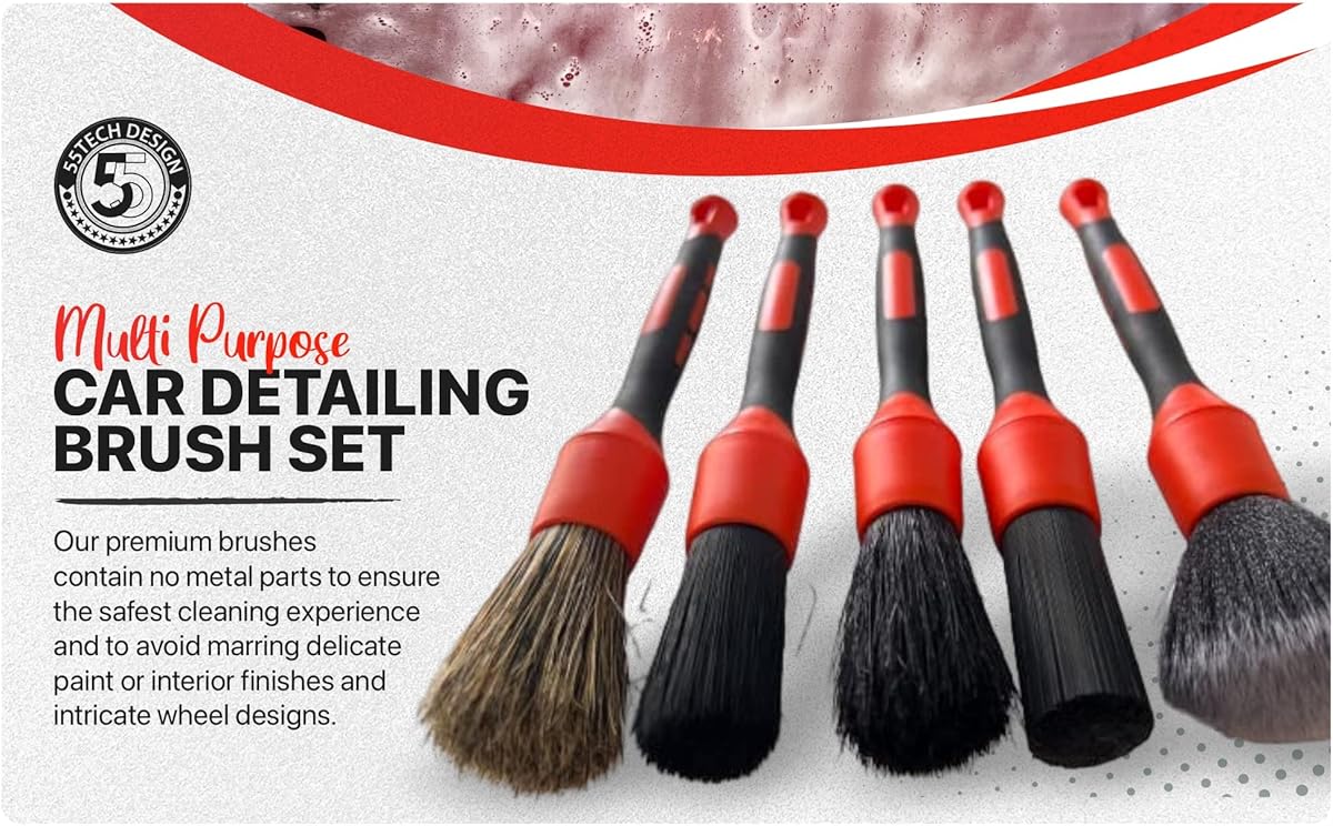 Car Detailing Brush Set - 5 Pack Auto Detail Brush Kit for Automotive - Soft to Firm Brushes for Cleaning and Polishing - Ideal for Interior, Exterior, Dashboard, Wheel Rims, Air Vent, Seat