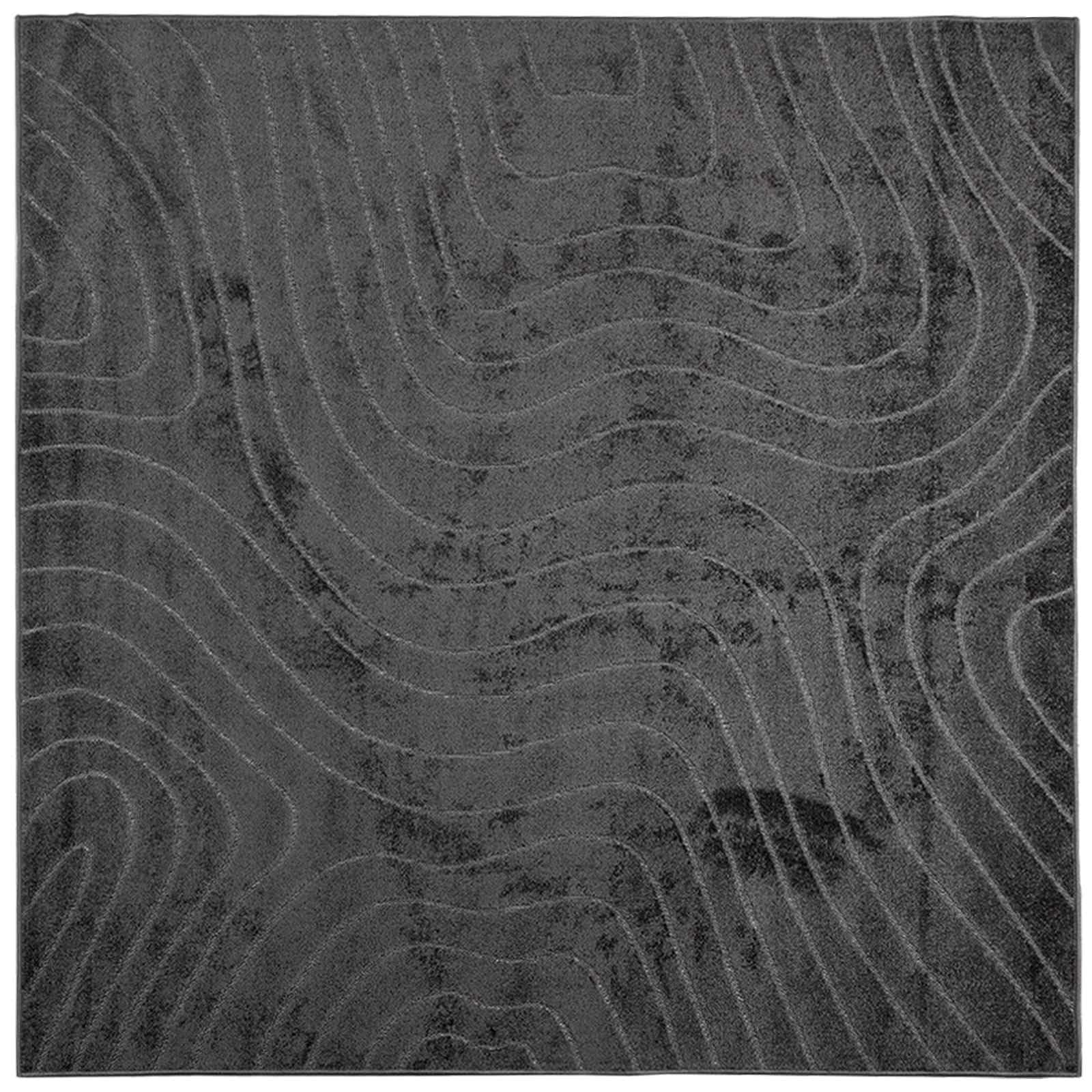 Tapis salon 240x240 anthracite carré lavable Palmeras intérieur extérieur