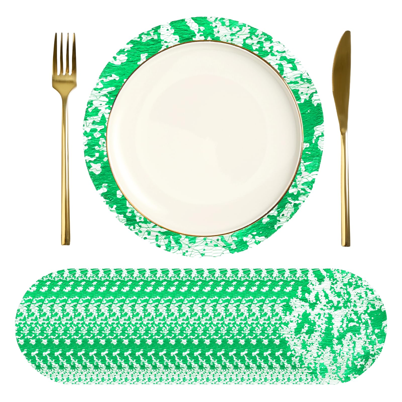 sourcing map 24Pcs Disposable Round Placemats, 17cm Chargers Place Mats Metallic Thin Mesh Table Mates Pressed Foil Table Doilies for Dining Table Wedding Birthday Party Home Decor, Green
