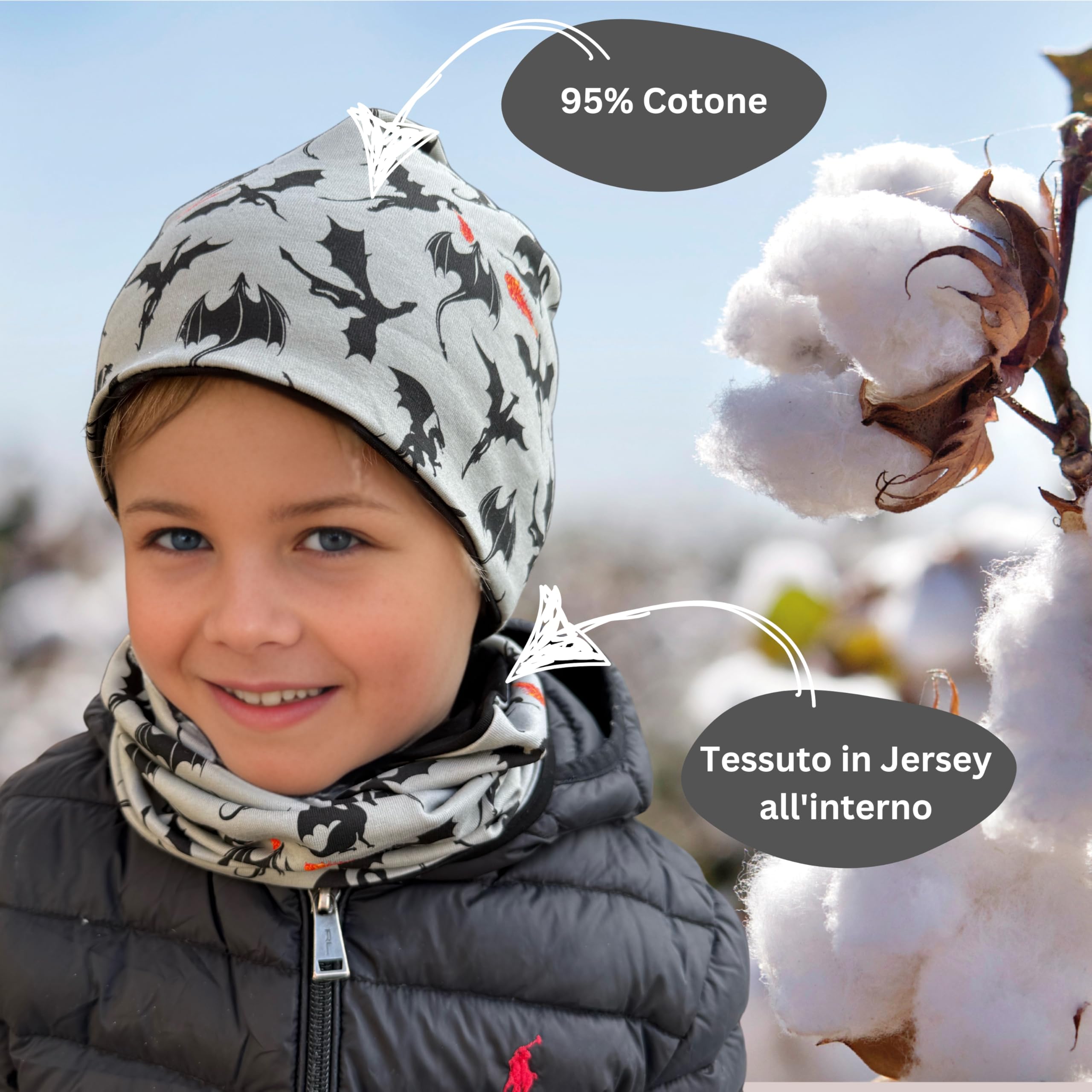 HECKBO Berretto Modello Beanie + Girocollo per Bambini - motivi diversi - con pile o reversibile - da 2 anni - 95% Cotone - Morbido e Pratico Tessuto Elasticizzato - Inverno