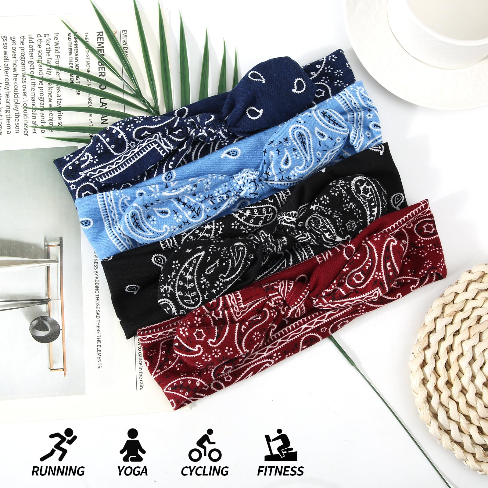 4pcs Knotted Bandana Headbands for Women Elastic Boho Bow Hair Wraps Head Bands Wraps Wide Headwraps Cute Hairbands for Women's Hair Accessories - Image 3