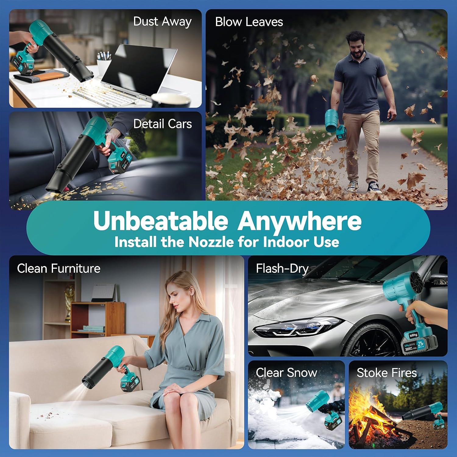 Cordless Leaf Blower, Premium Handheld Leaf Blower + 3 Nozzles and 2 Batteries with Level Indicator, Stepless Speed Control, Blowers for Lawn Care, Patio Cleaning and Dust - Image 3