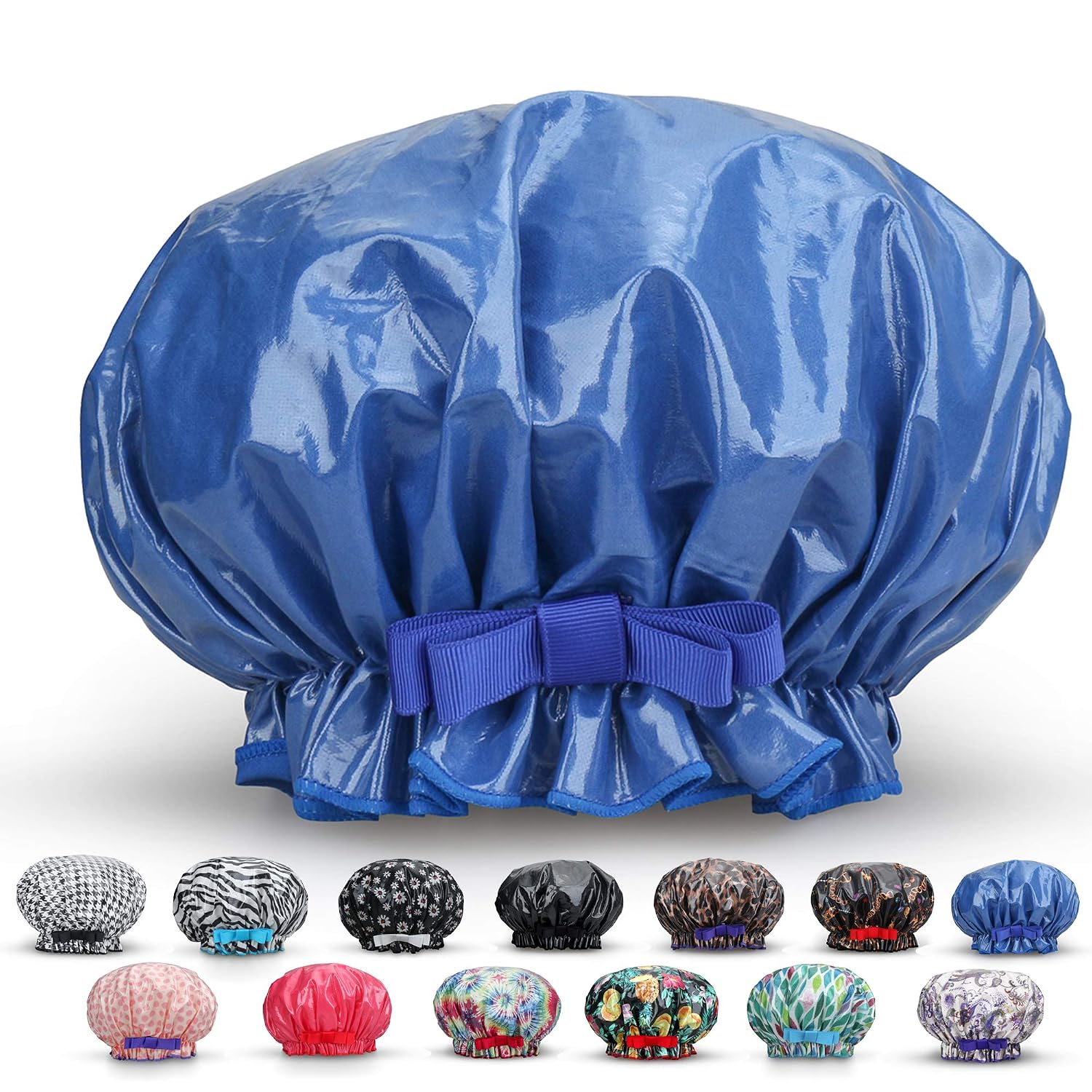 Waterproof Reusable Women Shower Caps XL 100% Cotton Print Bath Caps Hat Long Hair Perfect for Women (Blue)