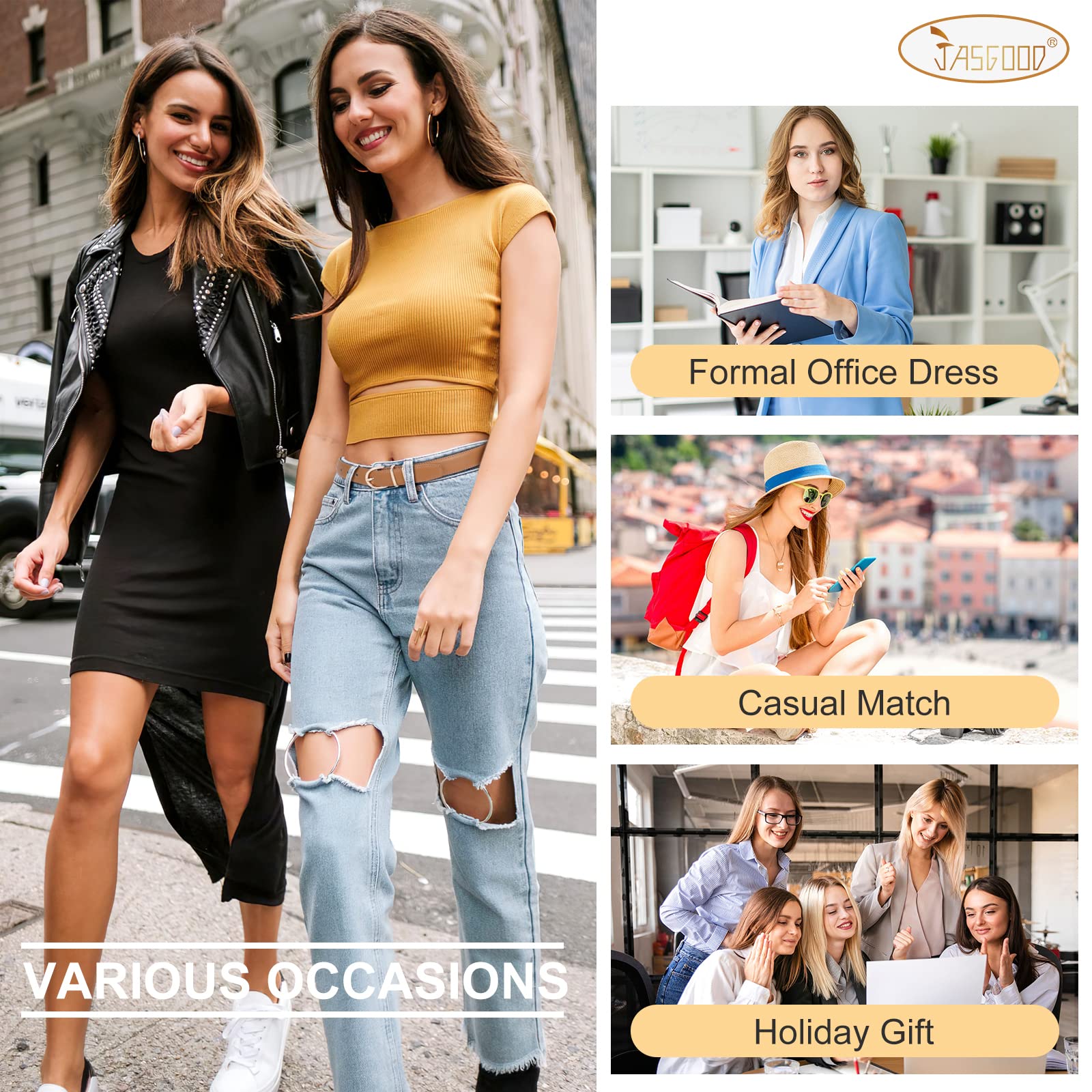 JASGOOD 2 Pack Women Leather Belt for Jeans Ladies Belts for Dresses Pants Plus Size Work Belt with Gold Buckle