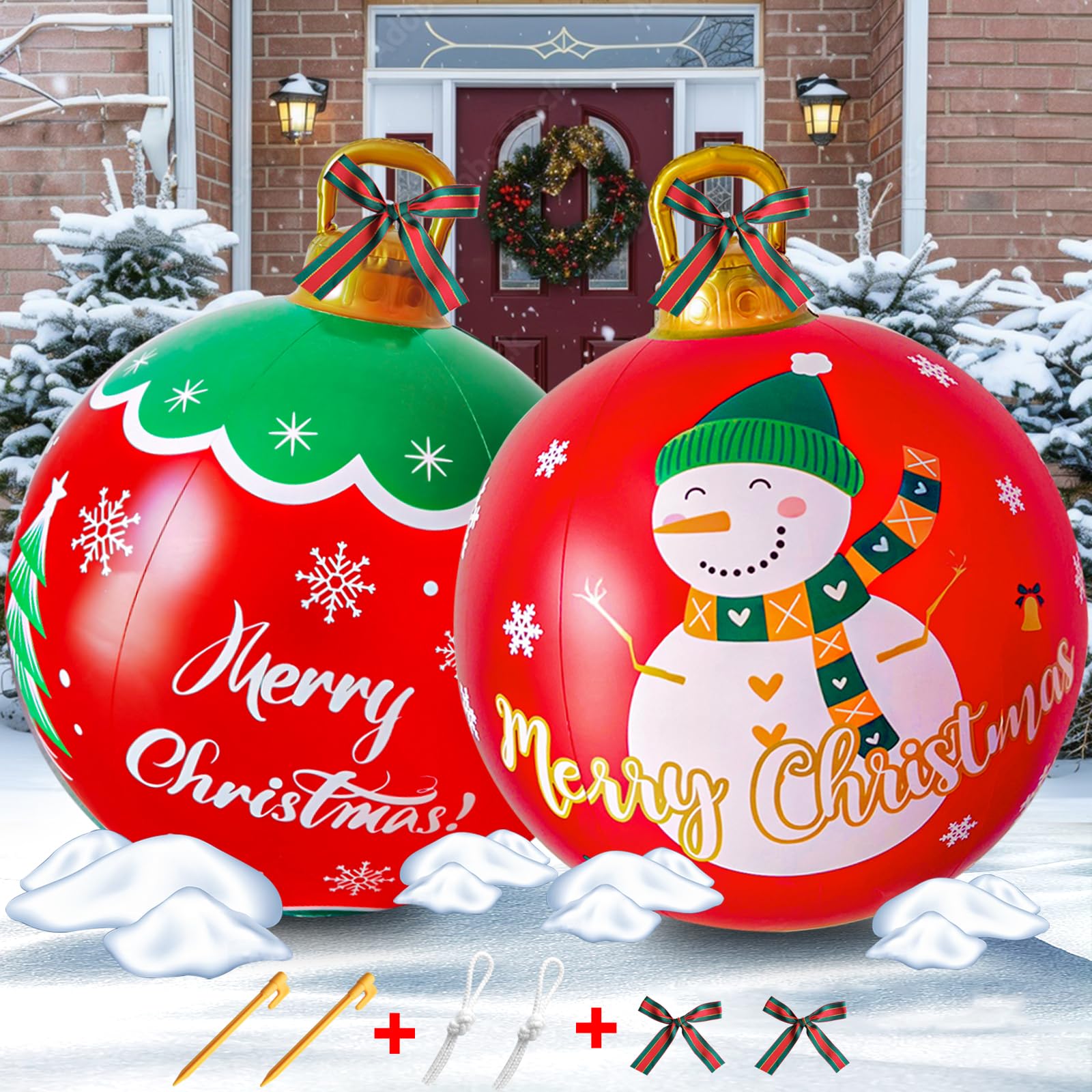 2Pcs 24 Inch PVC Inflatable Giant Christmas Ornaments Balls with Ribbon and Stake, Outdoor/Indoor Christmas Decoration for Tree & Garden (Green)
