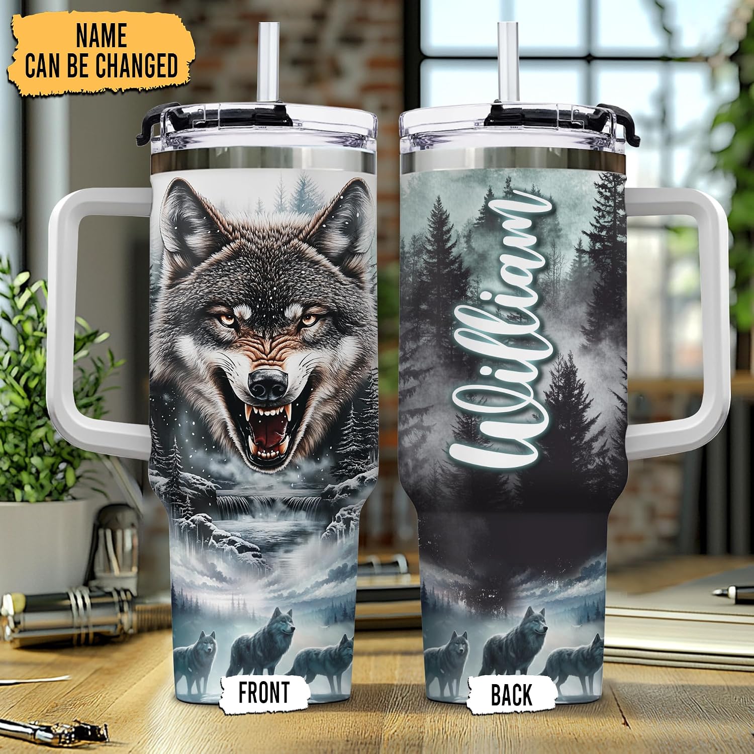 Hyturtle Personalized Wolf 40oz Tumbler with Handle and Straw Gifts for Him Men Women, Wolf Themed Gifts for Animal Lovers on Birthday Father's Day Custom Name Stainless Steel Travel Cup With Lid