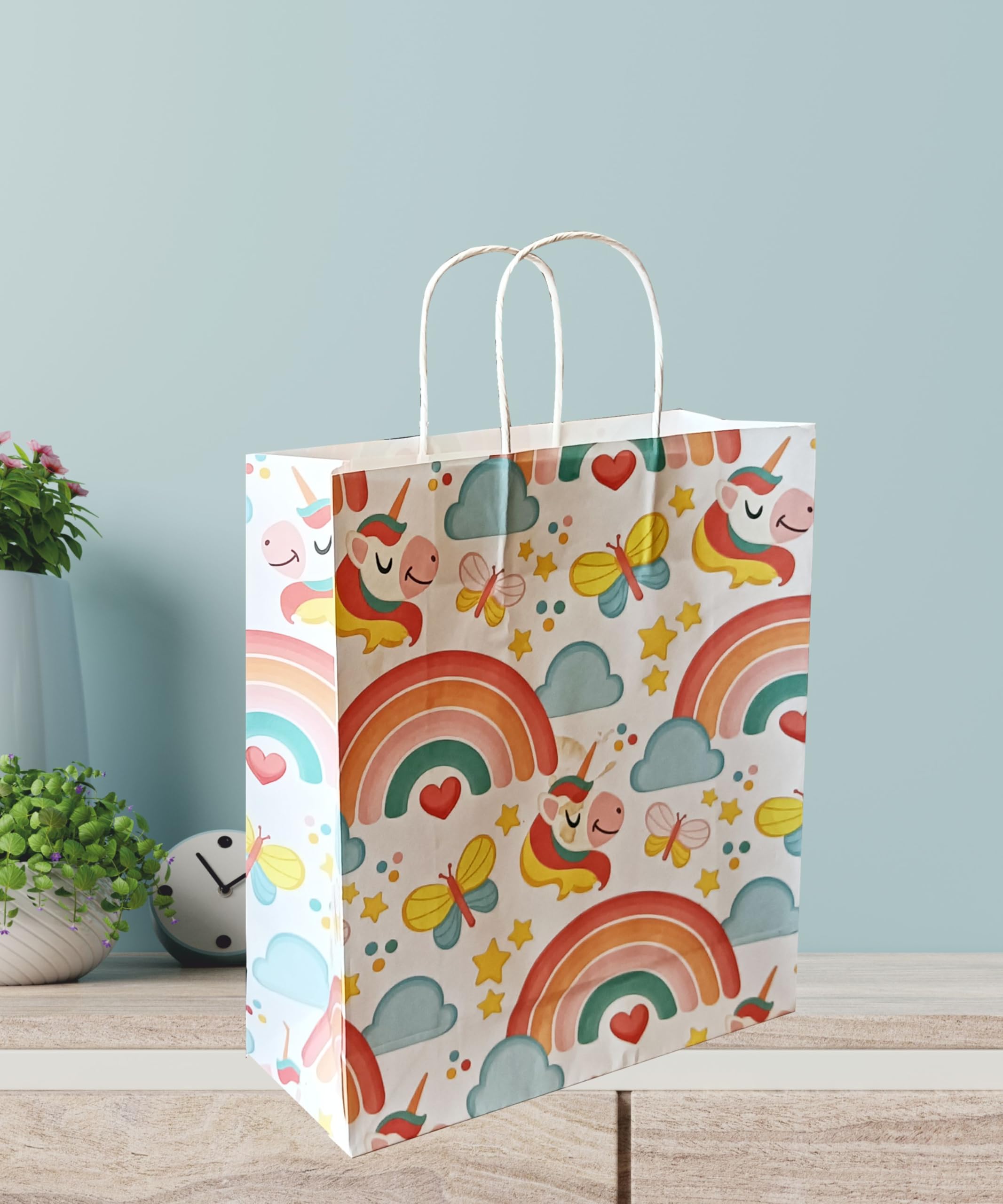 Omnipresent Pack 90 Gsm Rainbow Unicorn Printed Small Paper Gift Bags, Set Of 24, Ideal For Birthday Return Gifts, Kids Party, & Gifting On Special Occasions (Size: 9.4X7.9X3 Inch), White-image-39
