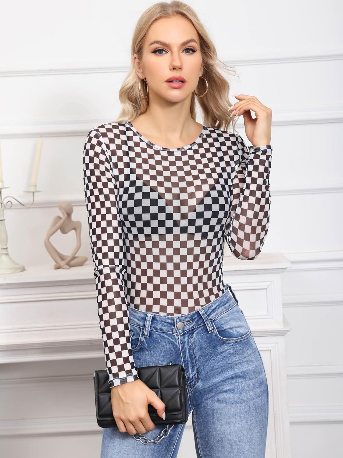 Womens Mesh Tops Lace Long Sleeve Shirts Crew Neck Sexy Fitted See Through Patry Blouse - Image 2