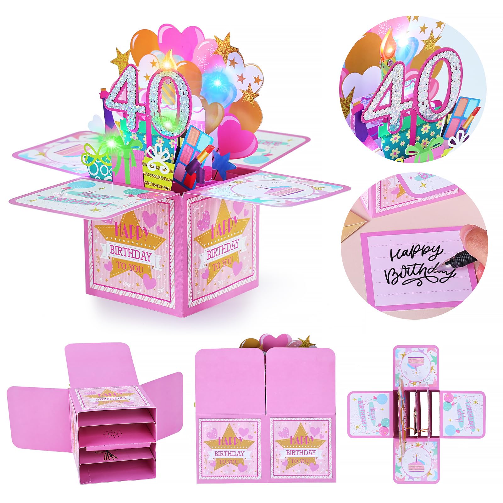 joyoldelf Damska kartka urodzinowa 40 lat - Muzyczna kartka z życzeniami 3D Pop Up, prezent na urodziny dla córki, idealna dla mamy, przyjaciela, matki, siostry, dziewczyny, towarzysza, imprezy