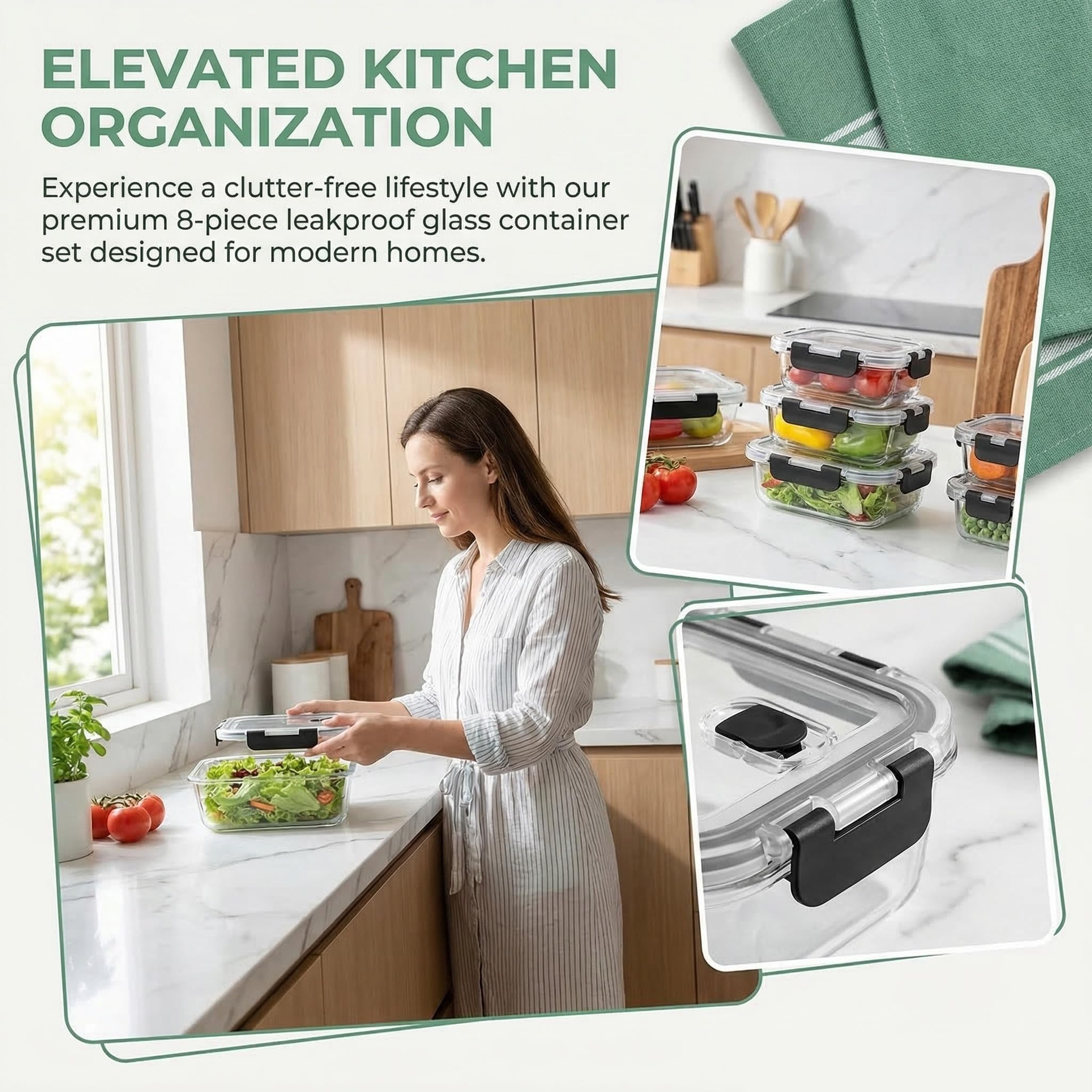 Juego de 8 cajas de almacenamiento de cristal, sin BPA, apto para microondas y congelador, perfecto para preparar comidas y almacenamiento de alimentos. (Negro)