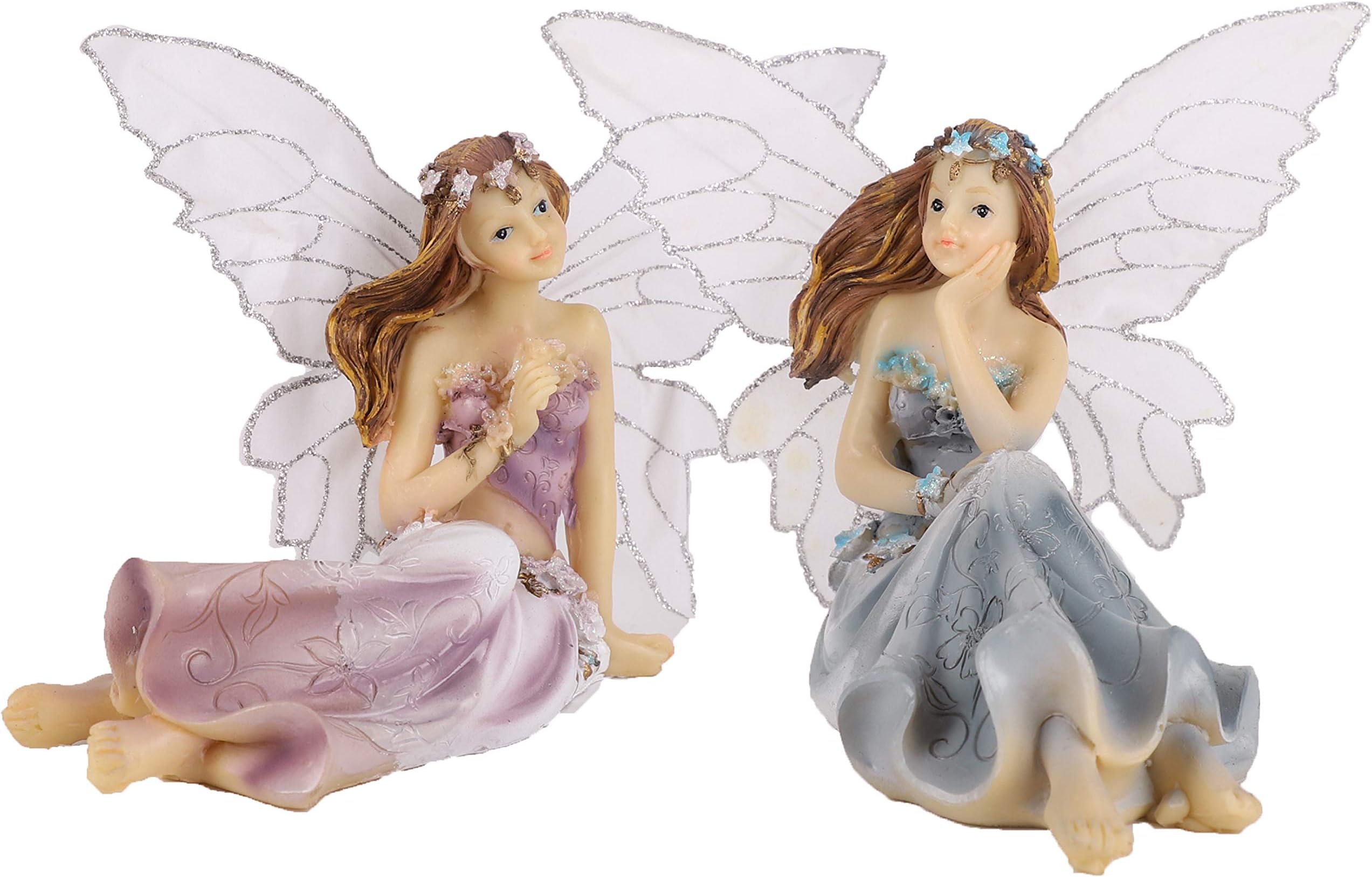 JUNIQUTE Fairy Garden Fairy Figurines - Garden Fairies - Sitting Girls Set of 2 pcs - Kit for Outdoor or House Decor, Hand Painted Resin Figurines, for Garden Indoor Decor Gift