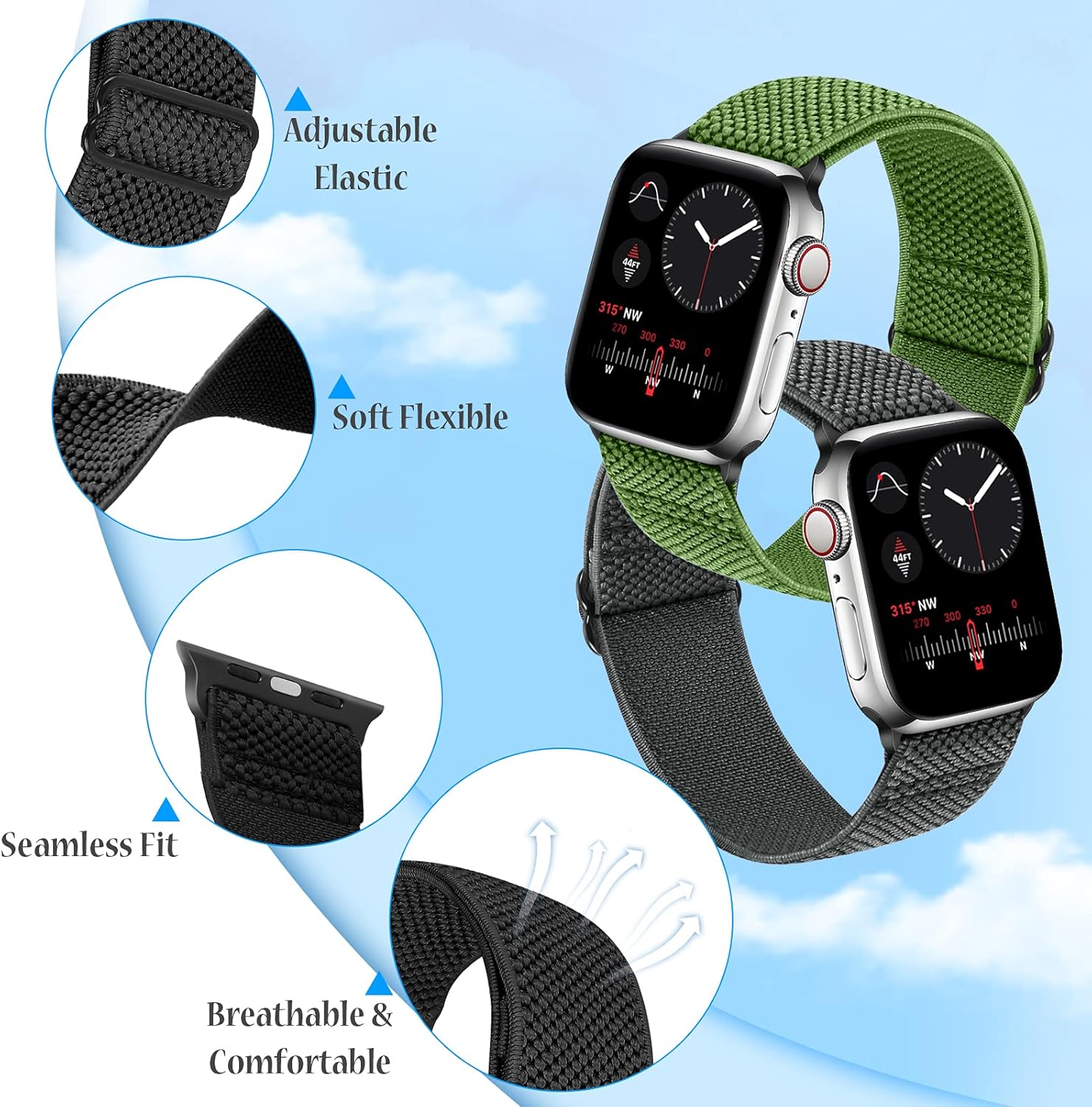 Tiptops 10 PACK Elastic Watch Band Compatible with Apple Watch 38mm 40mm 41mm 42mm 44mm 45mm 46mm 49mm , Adjustable Length, Stretch Nylon Sports Watch Strap, Compatible with iWatch Ultra 2 Series 10/9/8/7/SE/6/5/4/3/2/1/SE for Men Women - Image 3